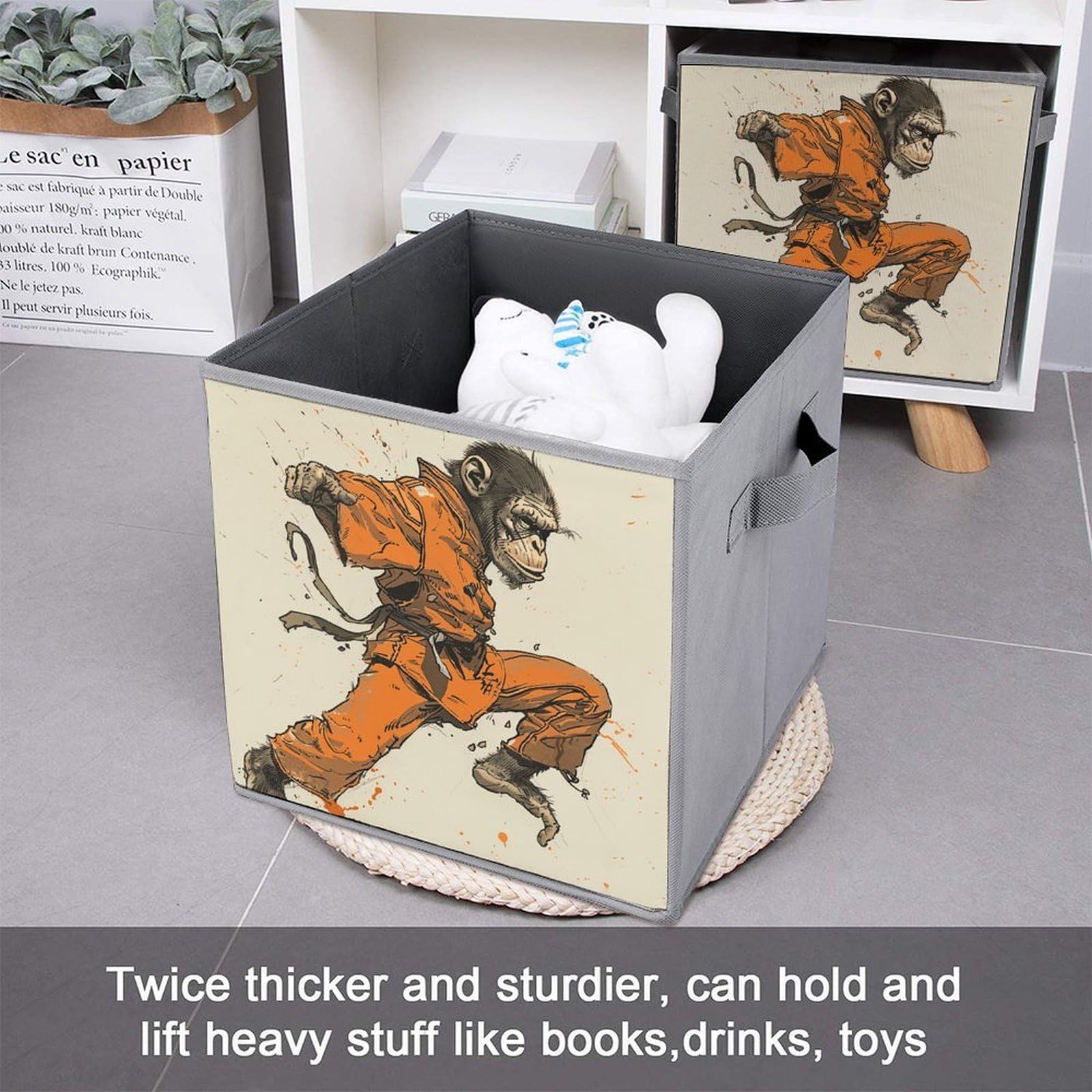 1PCS Foldable Storage Bins - Orange Shirt Monkey Printed Large Capacity Storage Box with Handle - Organizer for Playroom, Office, Home - Perfect for Kids' Toys, Books & Clutter Organization