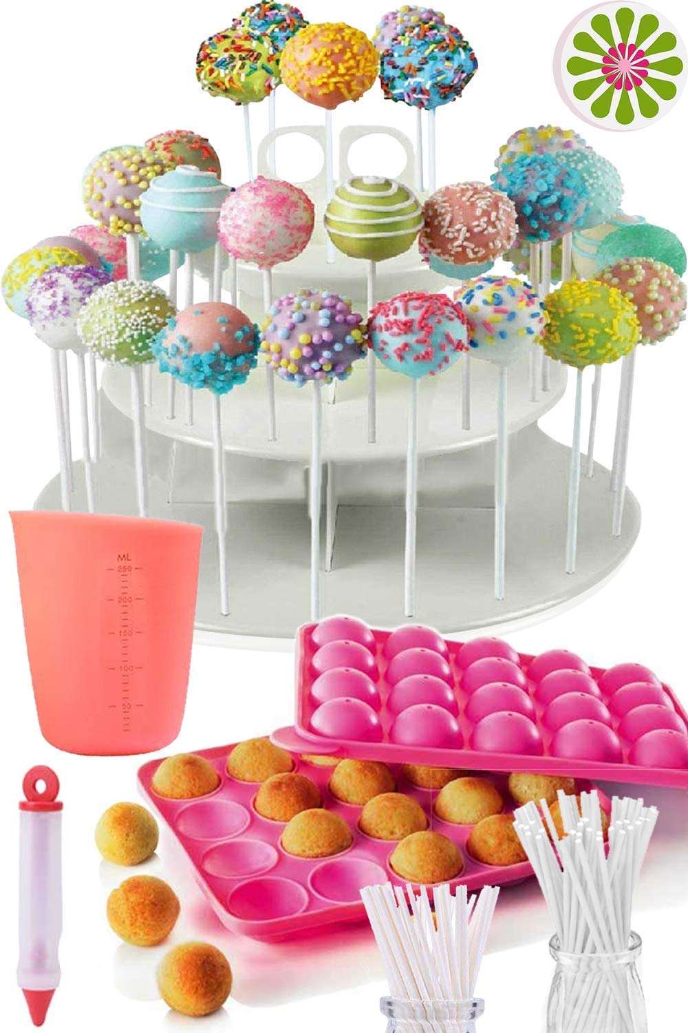 APRON HEROES Nonstick Silicone Cake Pop Maker Kit - Includes Cake Pop Stand, Molds, 120 Lollipop Sticks, Melting Pot, Decorating Pen & Twist Ties - Perfect for Birthday Parties, Baby Showers & Holiday Baking
