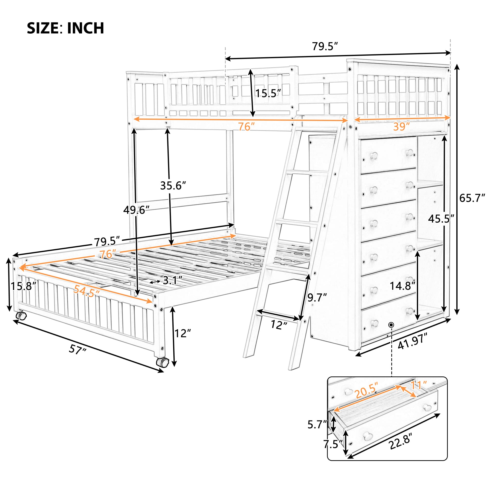 Twin Over Full Bunk Bed with Storage - Solid Wood Bunk Bed with 6 Drawers & 3 Adjustable Shelves, Convertible Loft Bed with Rolling Lower Bed for Kids, Teens & Adults - Space-Saving Bedroom Solution for Small Rooms, Guest Rooms & Dormitories (Gray)