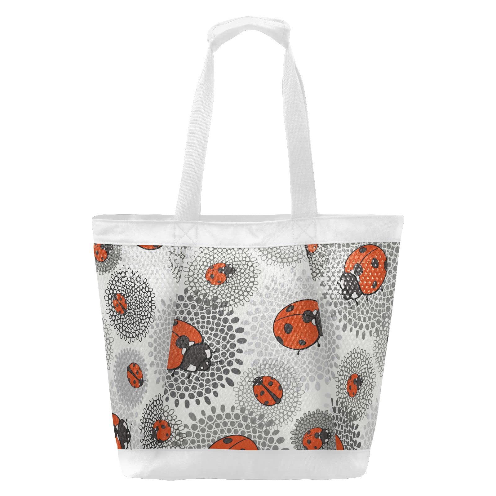 Stylish MCHIVER Ladybugs Monochrome Floral Mesh Beach Bag with Zipper & Pockets - Lightweight Tote for Pool, Gym, Travel & Beach Essentials | Perfect for Summer Vacations, Swimwear Storage & Outdoor Activities