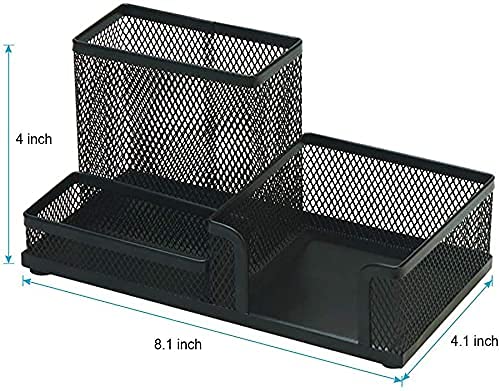 Black 3-Compartment Desk Organizer with Sticky Notes Holder - Pencil Cup & Office Supplies Caddy for School, Home & Office Workspace Organization