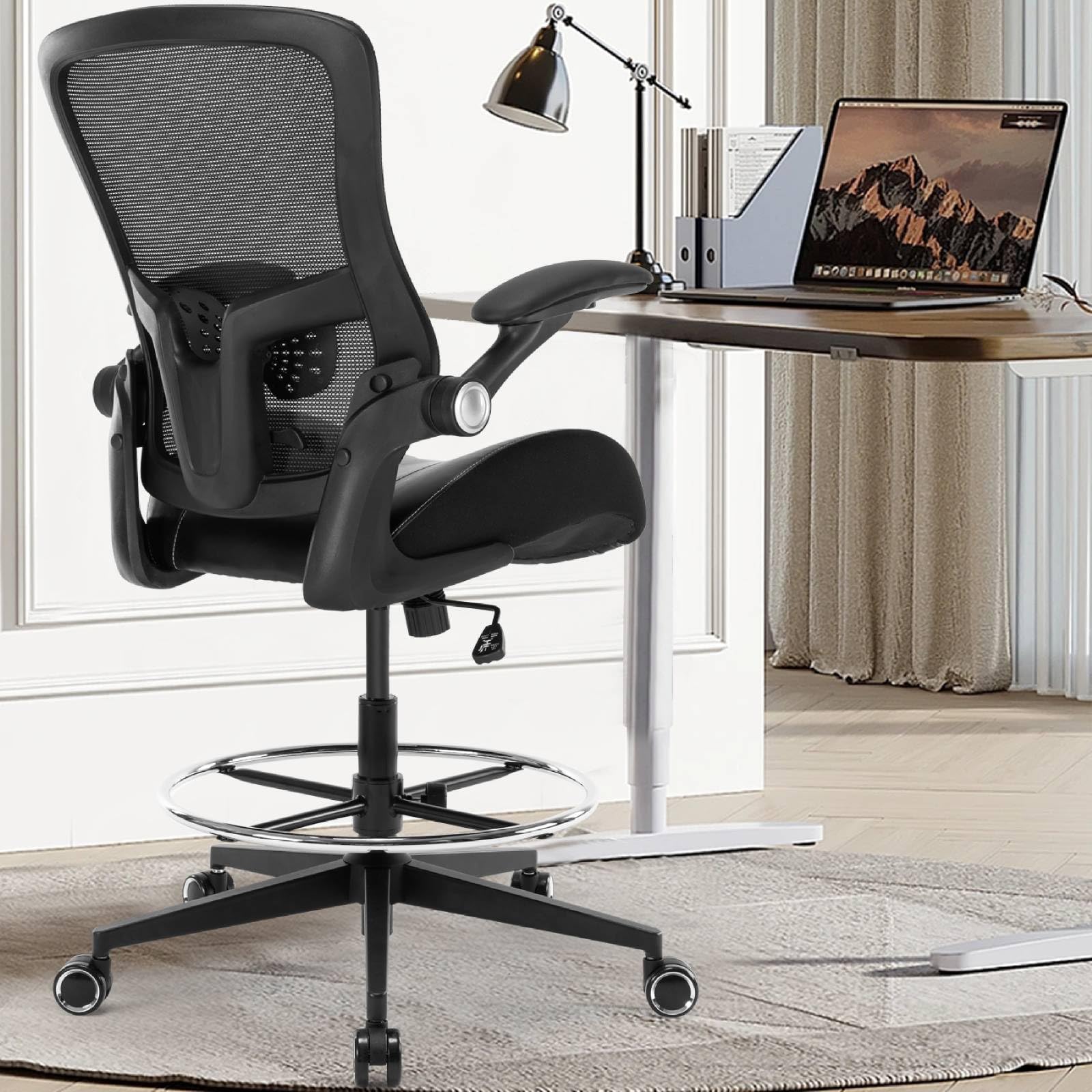 Ergonomic Drafting Chair - Adjustable Height Tall Office Chair with Flip-Up Armrests, Footrest & Lumbar Support - Perfect for Standing Desks, Artists & Drafting Tables - Black