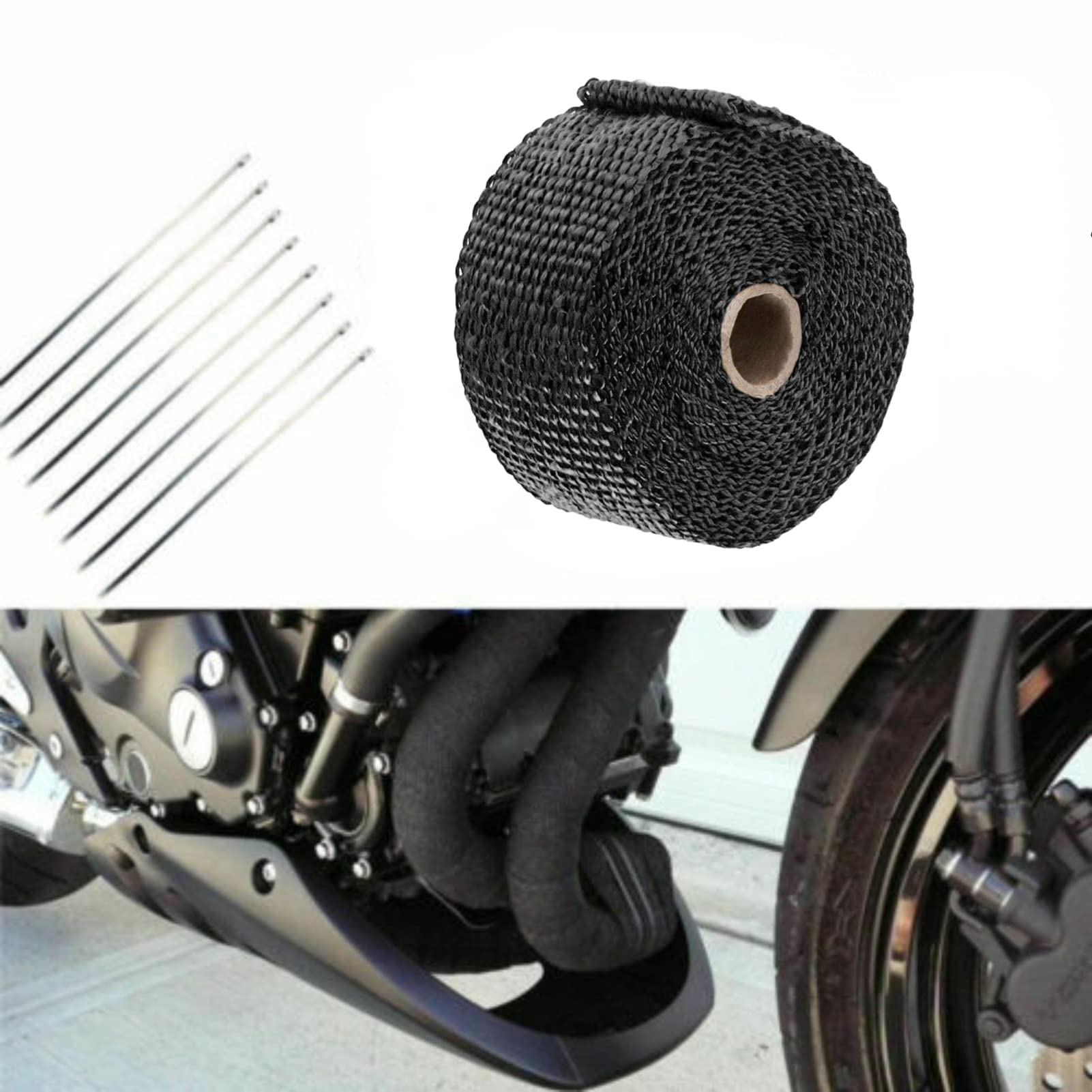2 Inch x 16.5 Feet High-Temperature Exhaust Manifold Heat Wrap Tape - Black Thermal Insulation Wrap with Stainless Steel Ties Kit for Automotive, Motorcycle & Performance Vehicles - Heat Protection for Engine Bays & Exhaust Systems