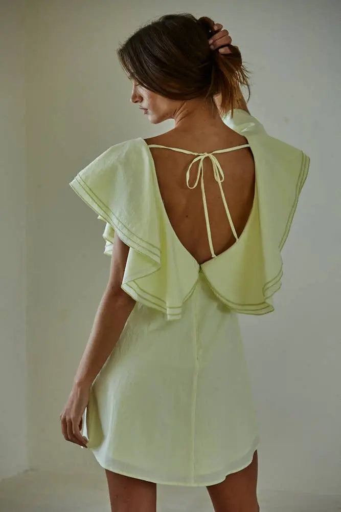 Parisian Cotton Ruffle Collar Mini Dress in Dusty Lime | Elegant Summer Party & Date Night Outfit for Women