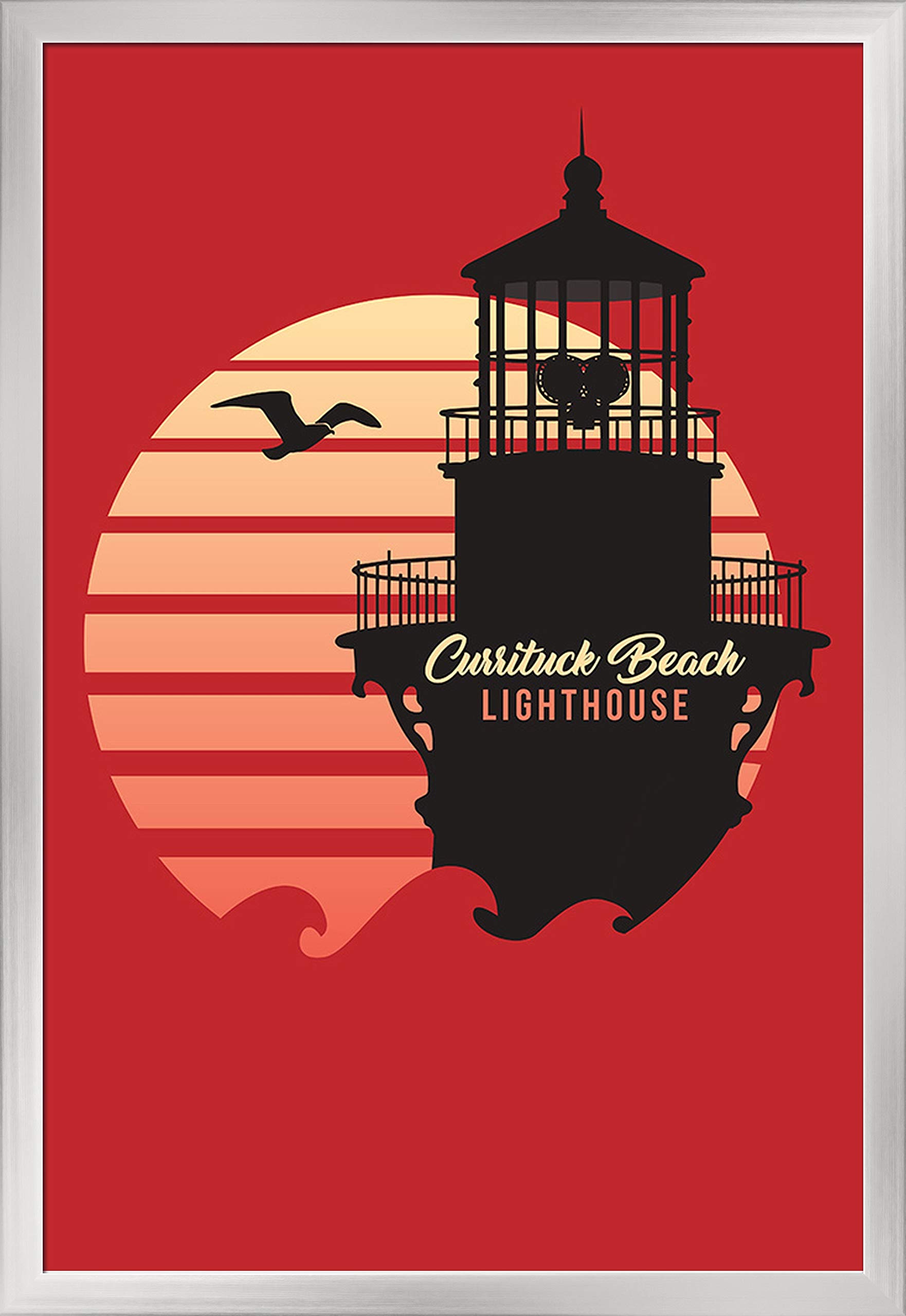 Corolla NC Currituck Beach Lighthouse Art Print - 24x36 Giclee Gallery Framed in Silver Wood - Coastal Decor for Living Room, Beach House & Office Wall Art