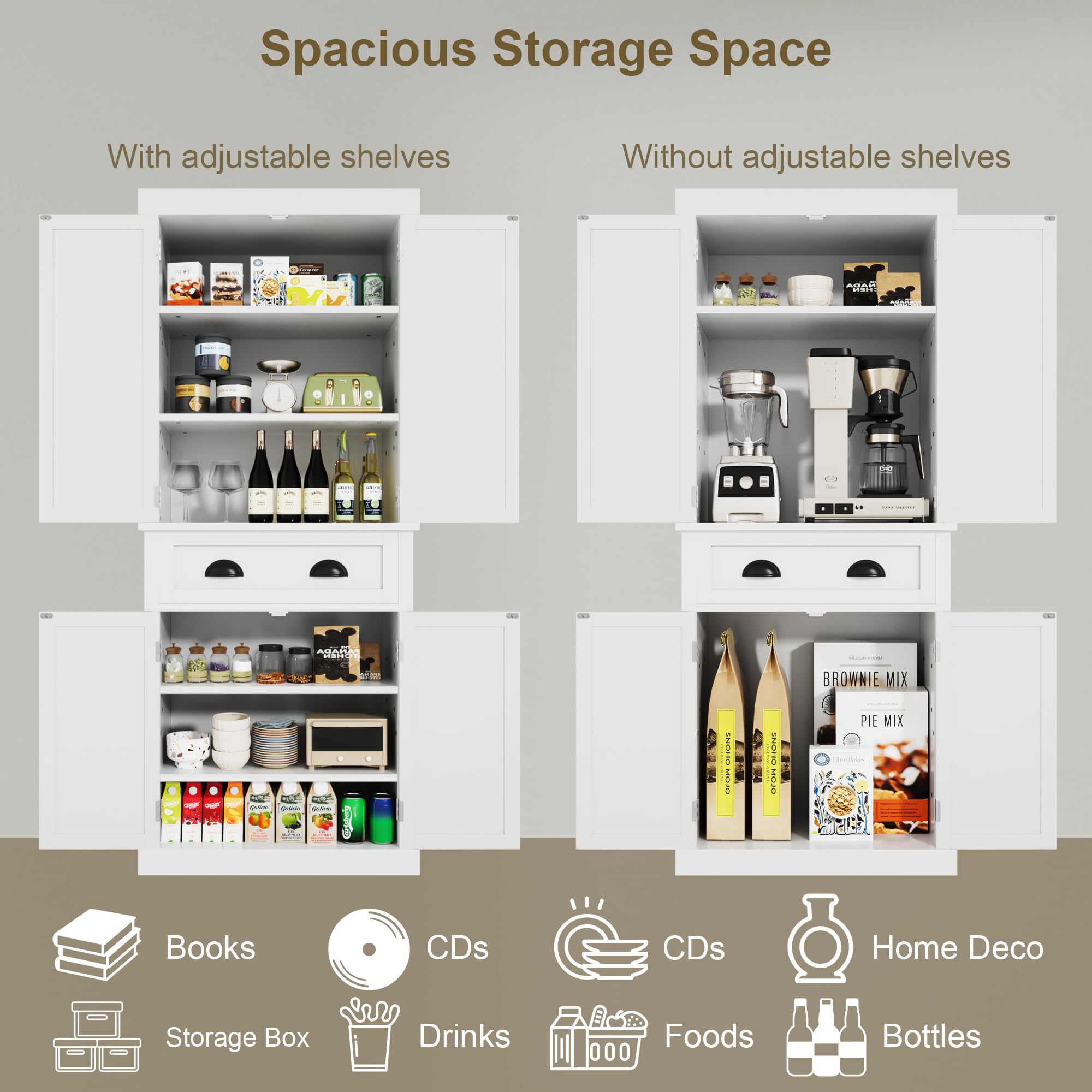 Flamaker 72 Inch White Kitchen Pantry Cabinet with Drawer & 4 Adjustable Shelves - Freestanding Storage Cabinet for Kitchen, Dining Room, Living Room - Perfect for Organizing Food, Dishes & Household Items