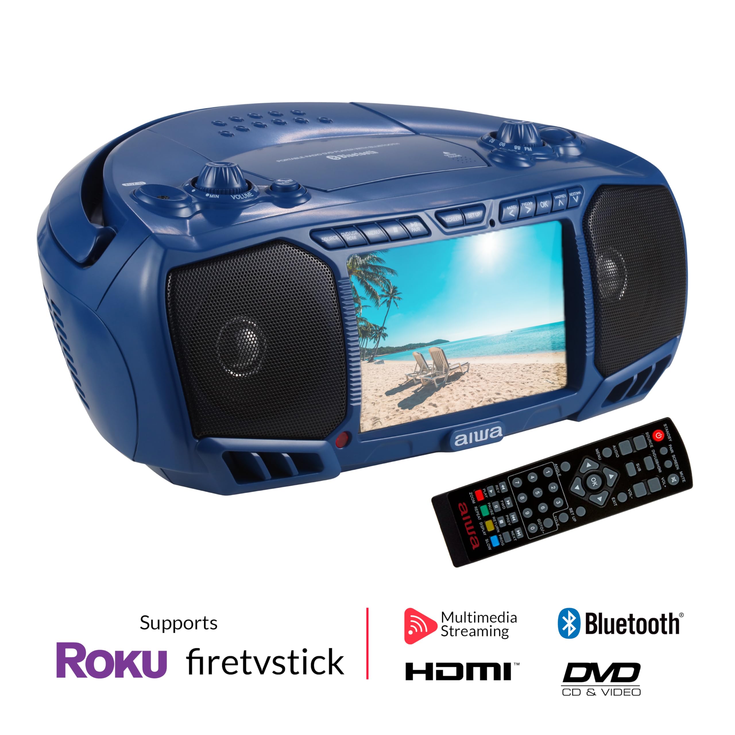 Aiwa Portable Boombox with 3W x 2 Speakers & Bass - Bluetooth, FM Radio, CD/DVD Player - 7