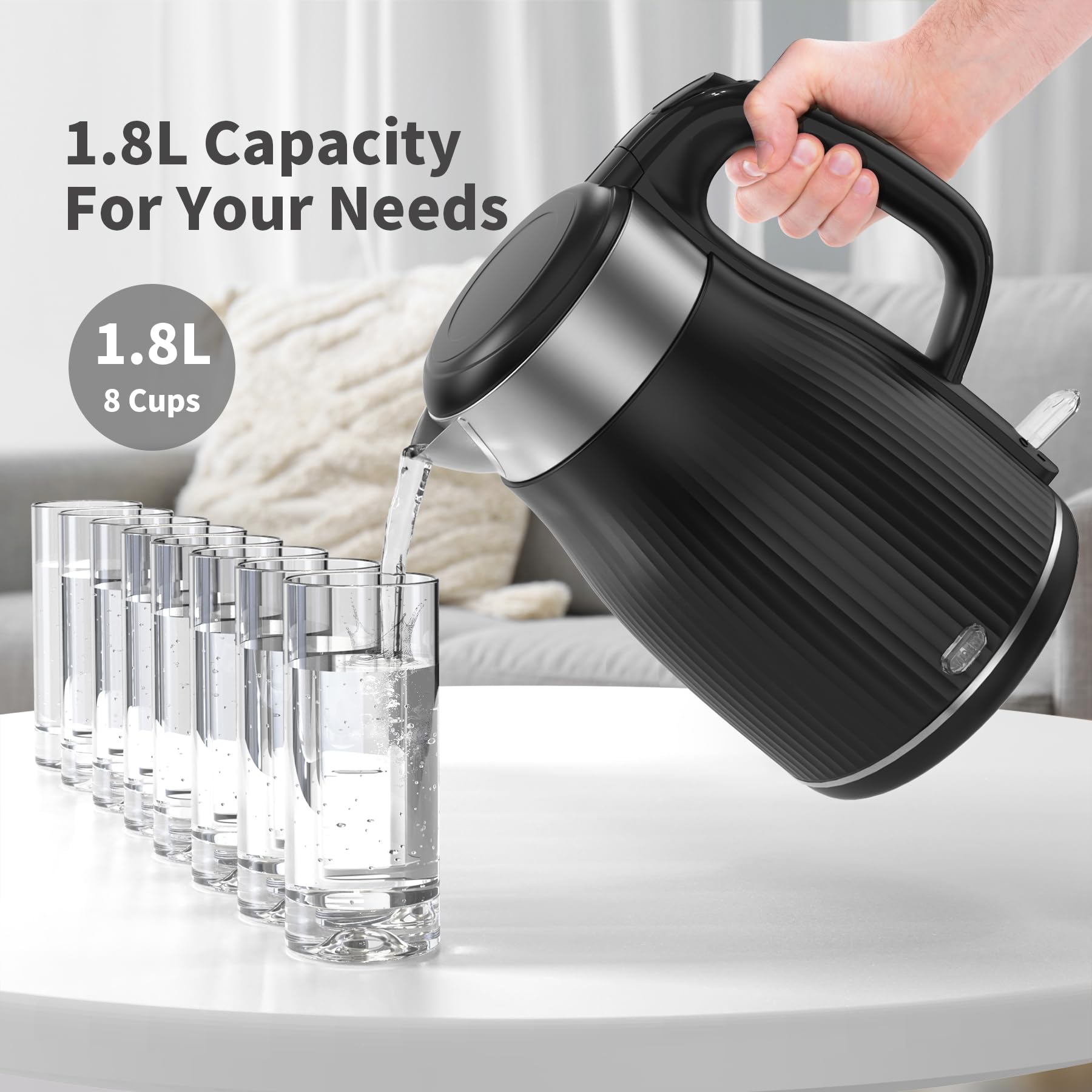 OMISOON 1.8L Electric Kettle Stainless Steel - 1500W Fast Boiling, Auto Shut Off & Boil Dry Protection, Keep Warm Function - Perfect for Home, Office, Dorm & Travel Use - Black