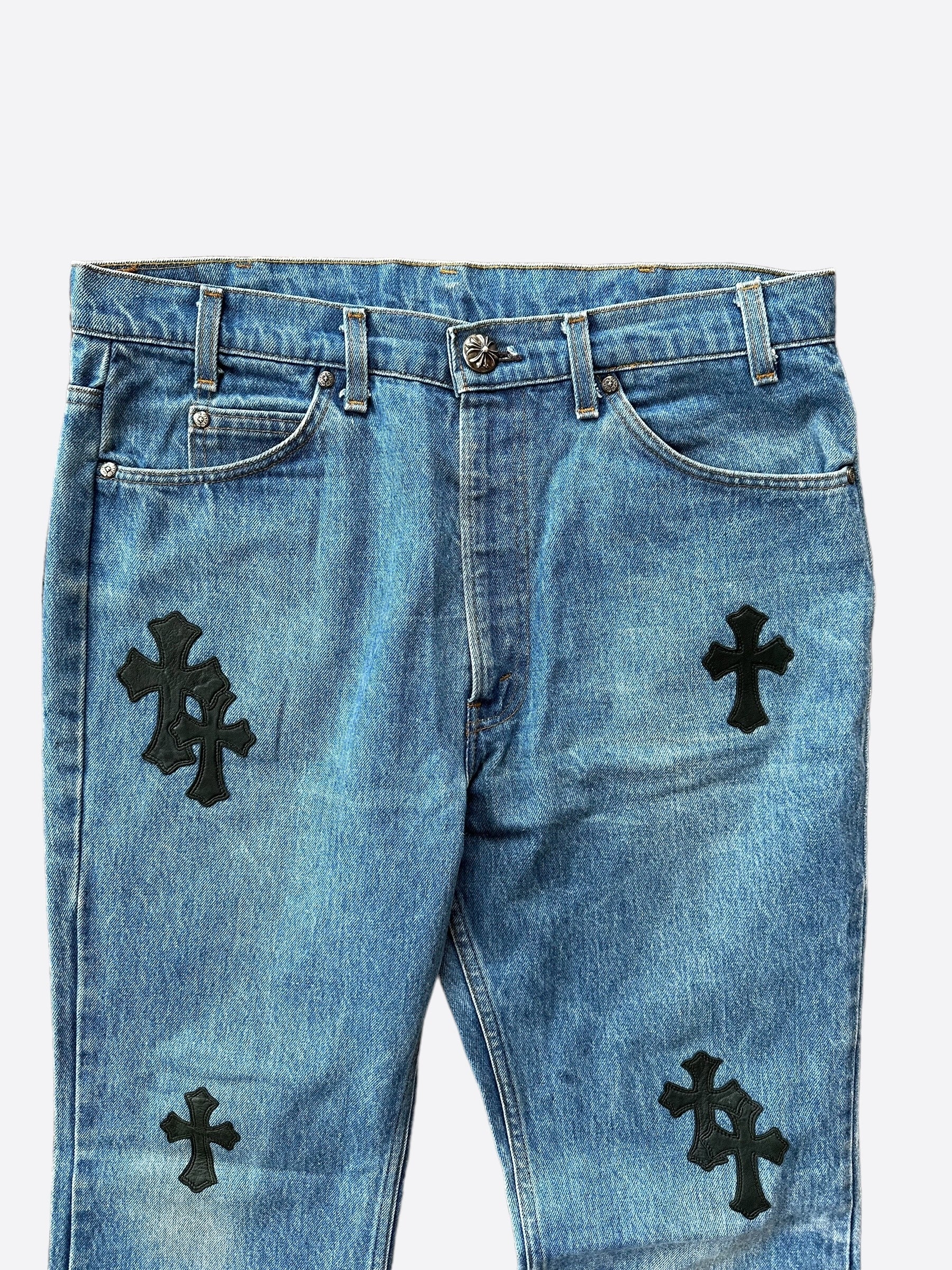Chrome Hearts x Levi's Blue & Black Cross Patch Denim Jeans for Men - Stylish Vintage Streetwear for Casual Outfits and Night Out