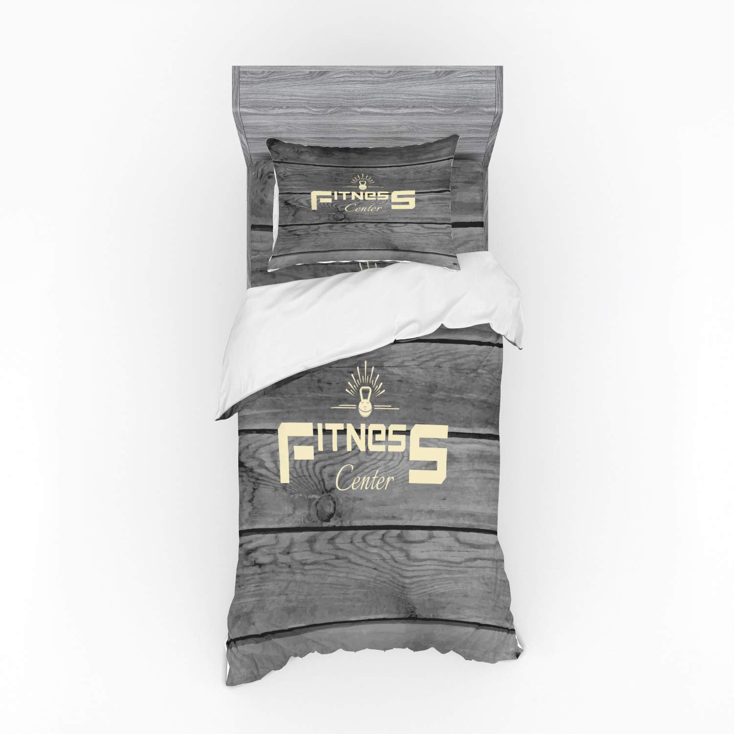 Ambesonne Fitness Bedding Set - 3 Piece Duvet Cover with Pillow Sham & Fitted Sheet, Twin Size, Pale Yellow Black Grey Gym Print - Perfect for Home Gym Decor & Fitness Enthusiast Bedroom