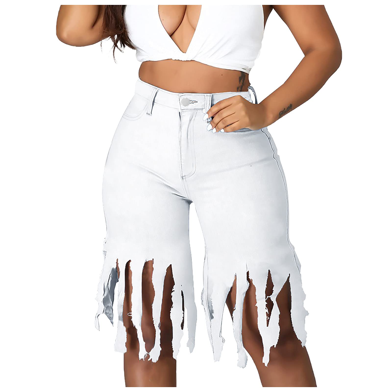 AAZJSS Women's Plus Size Distressed Denim Shorts - Stretchy High Waisted Jean Shorts with Pockets for Summer | Casual Outfit, Beach Vacation, Street Style