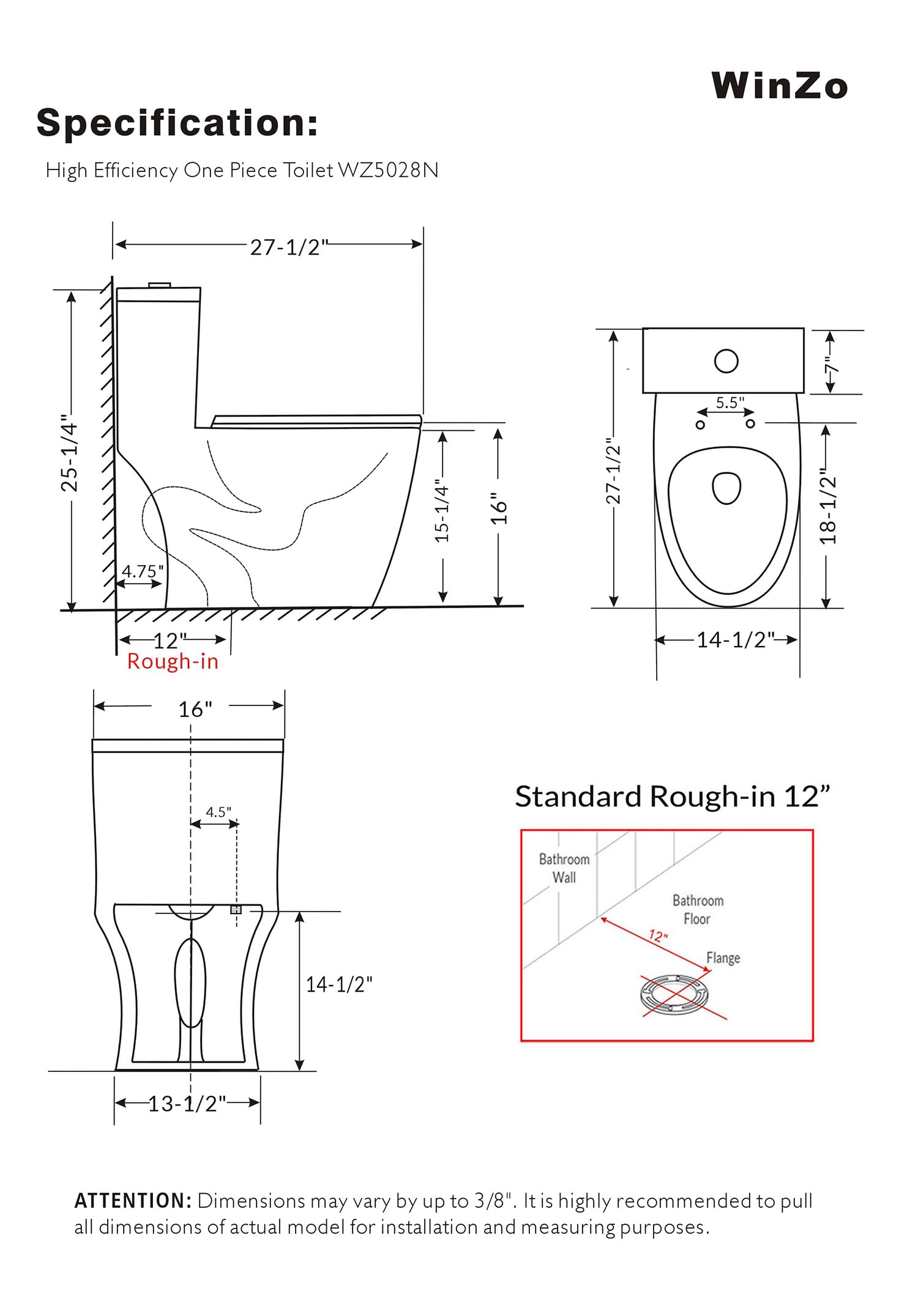 WinZo WZ5028N Elongated One Piece Toilet with Dual Flush (1.1/1.6 GPF) & Soft Close Seat - Standard Height, 12