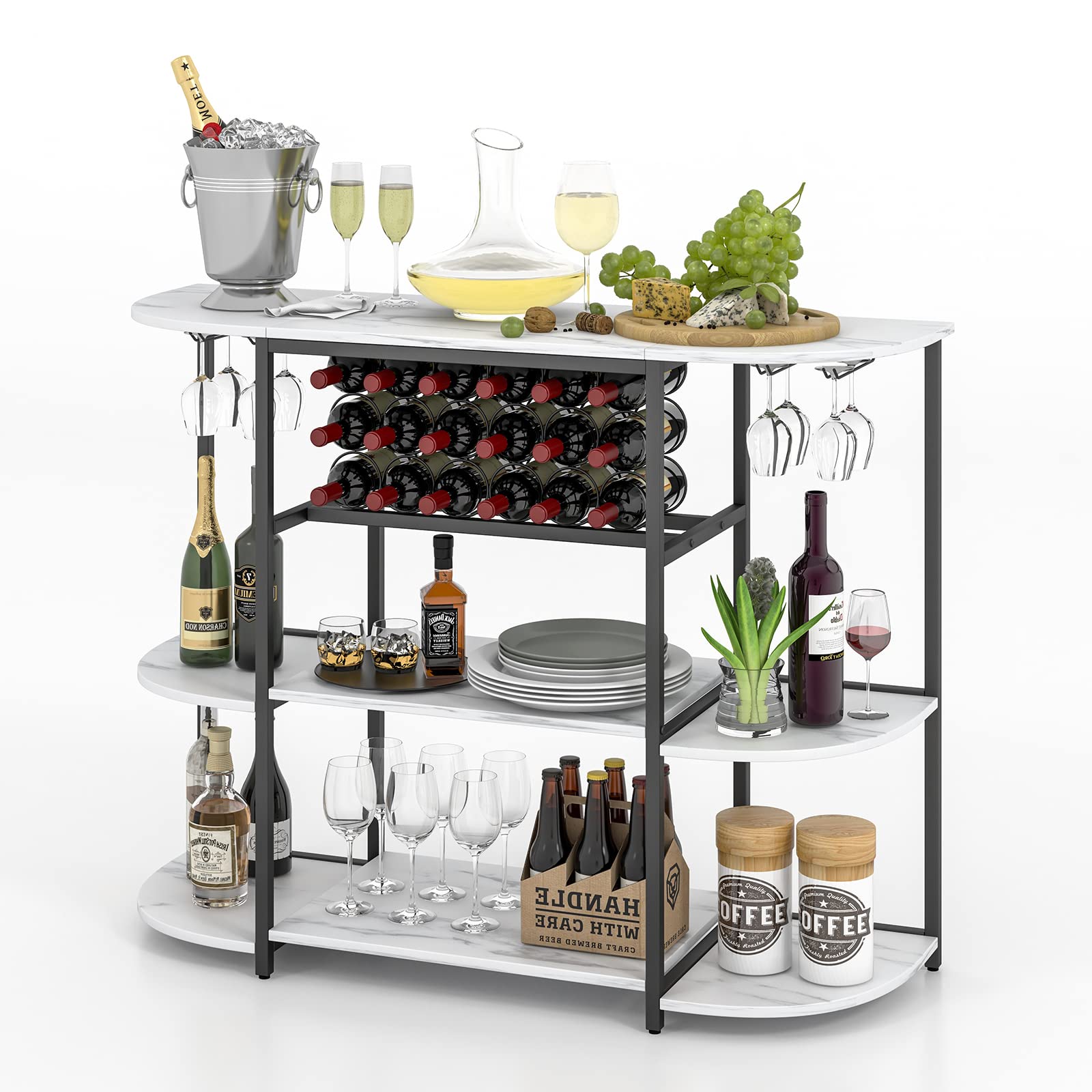 LOKO 47 Inch Modern Wine Bar Cabinet with Wine Rack & Glass Holders - Freestanding Floor Bar Storage for Liquor, Wine Bottles & Glasses - Perfect for Home Kitchen, Dining Room, Bar & Entertaining (White)