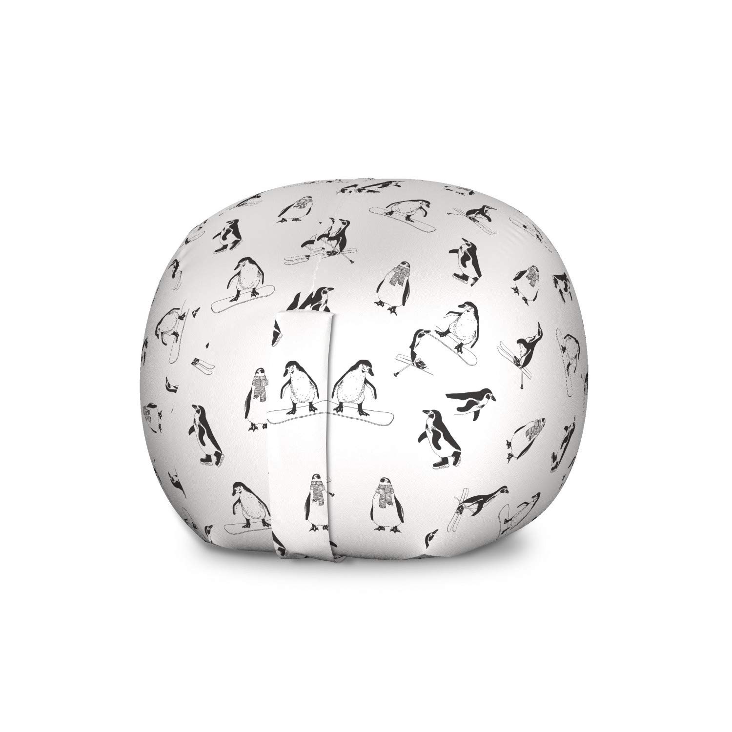 Ambesonne Penguin Storage Toy Bag Chair - Large Washable Stuffed Animal Organizer with Skiing Penguins Winter Sports Design - Perfect for Kids' Room, Playroom & Nursery Organization (White & Black)