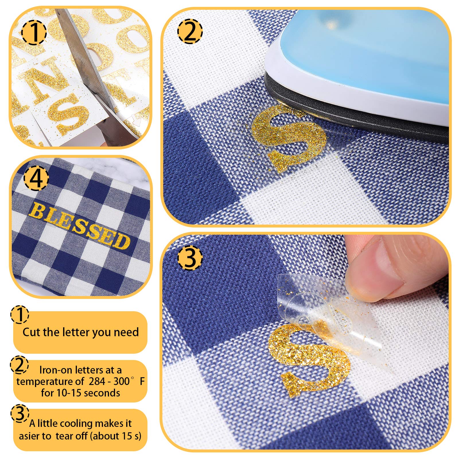 688 Pieces Iron on Letters 0.75 Inch Tall - Gold Glitter Heat Transfer Vinyl Letters for DIY Clothing, T-Shirts, Bags & Crafts - PU Alphabet Appliques for Custom Designs & Home Decor