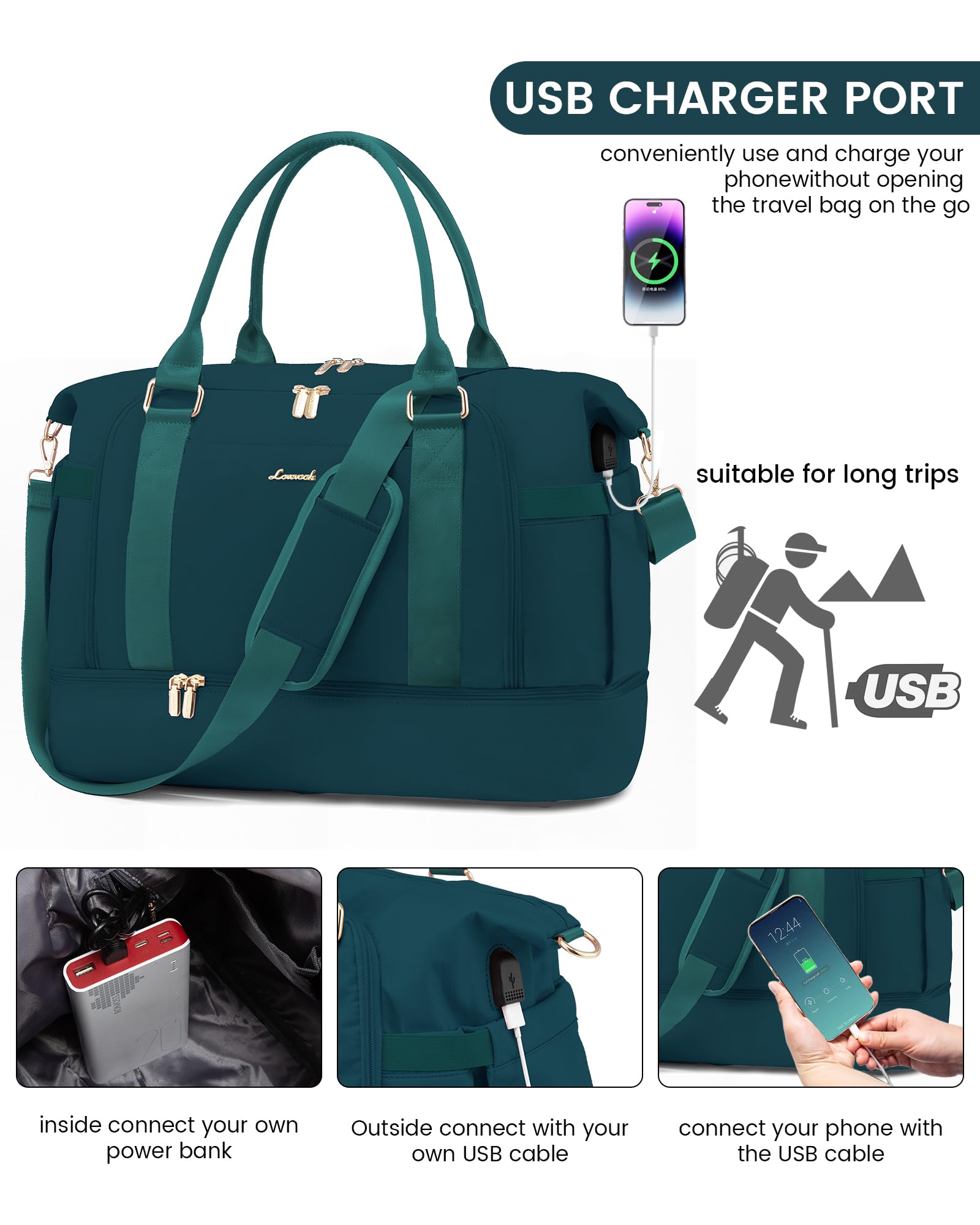 LOVEVOOK Women's Gym Bag with USB Charging Port - Travel Duffel Bag, Weekender Overnight Bag with Shoe Compartment & Toiletry Bag - Perfect for Workout, Travel, Hospital Labor Delivery & Daily Use