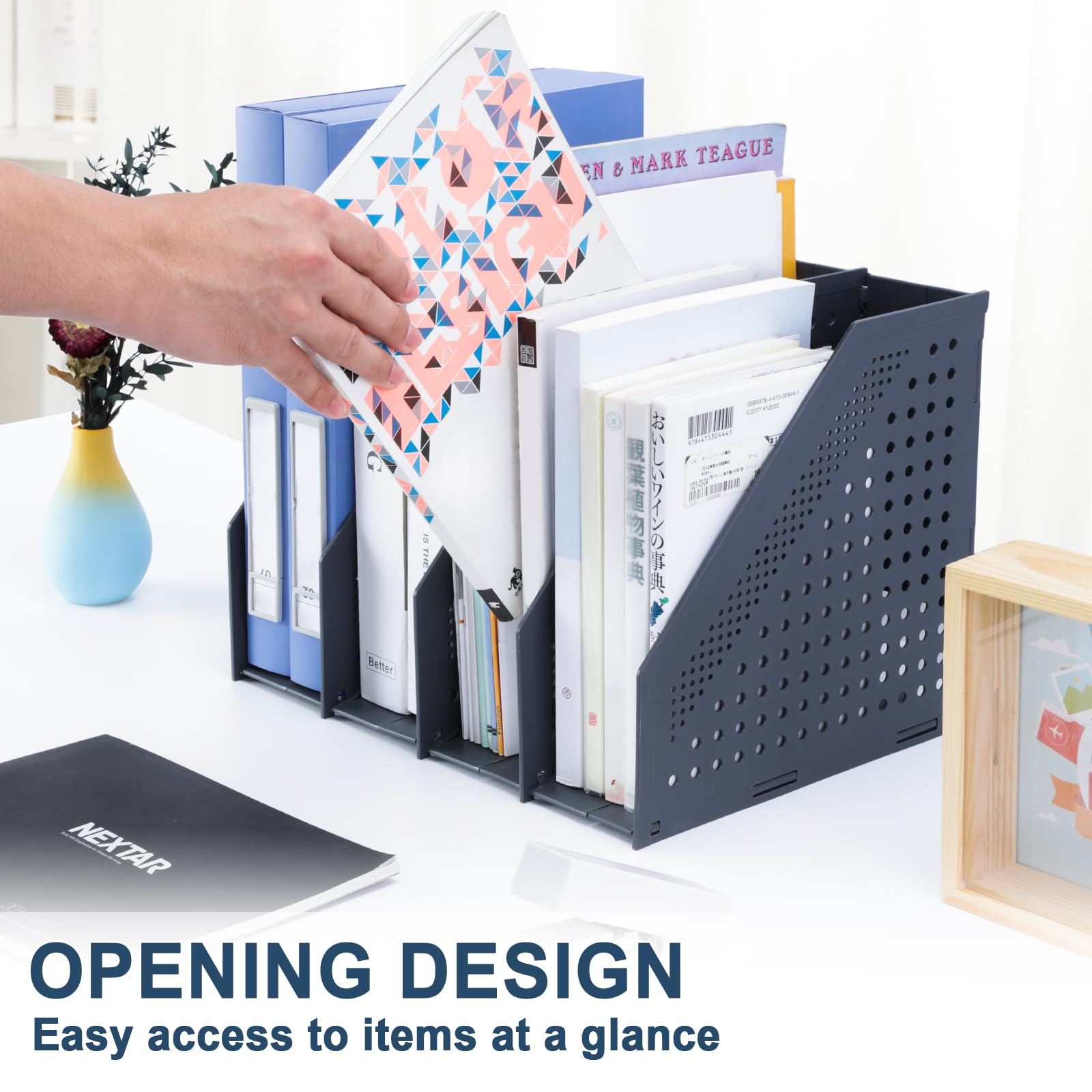 Foldable Magazine File Organizer with 4 Vertical Compartments - Space-Saving Desk Binder Holder, Dark Gray Plastic Shelf Storage for Office, Home & School Use - Perfect for Organizing Documents, Books & Office Supplies