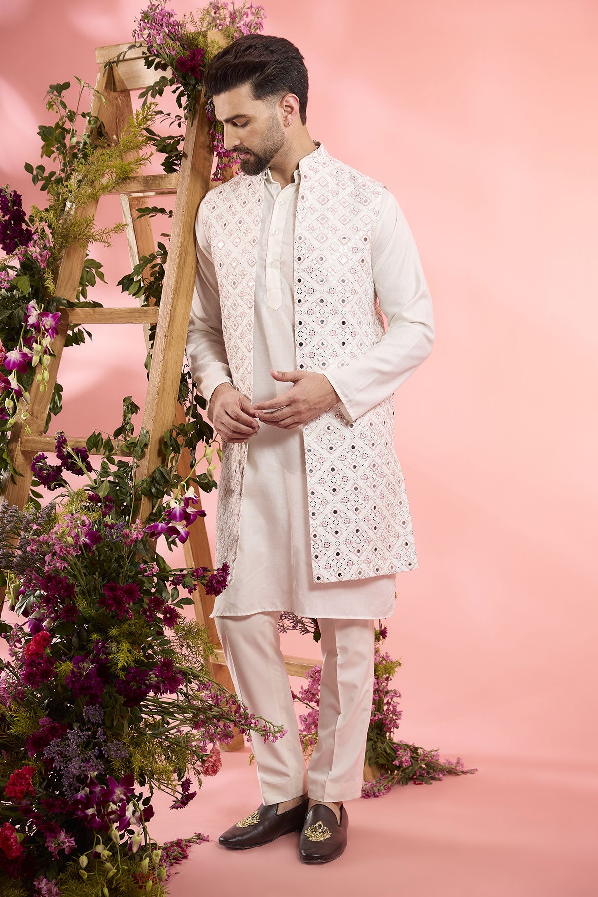 Ivory Silk Mirror Work Open Indo-Western Jacket for Women - Elegant Embroidered Bolero for Parties, Weddings & Festive Occasions