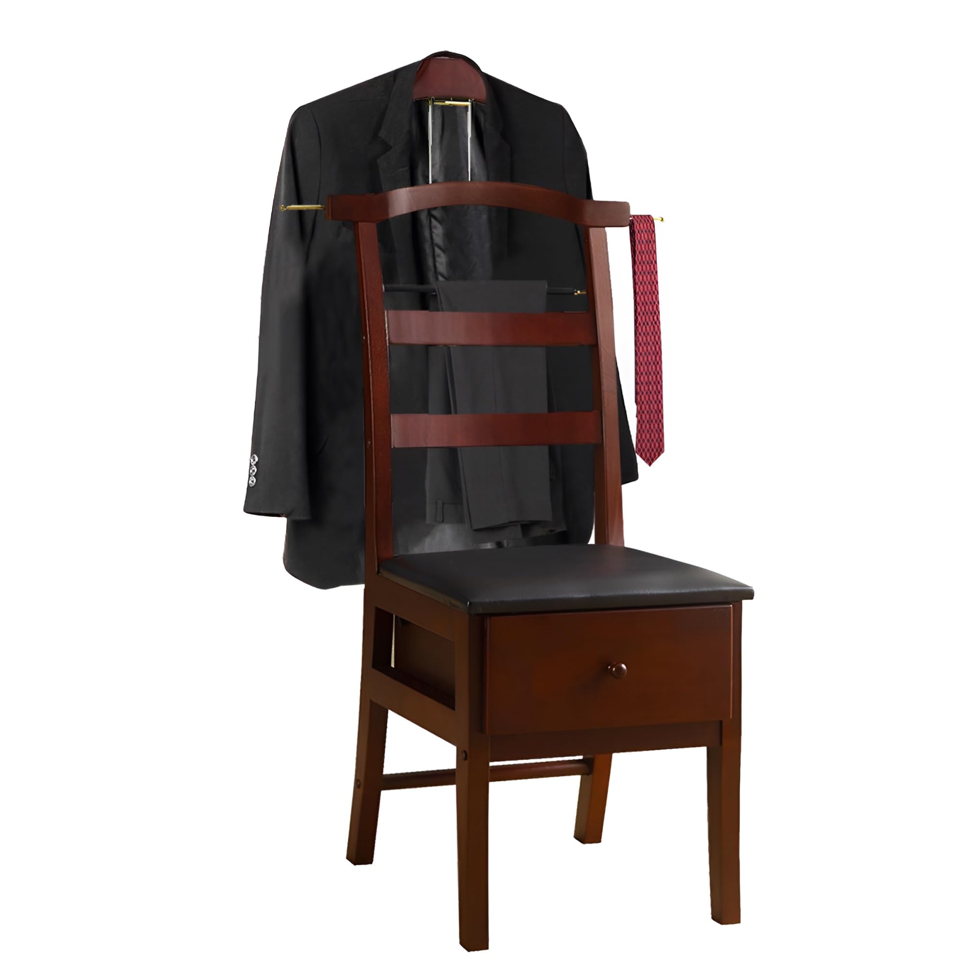 Premium Wooden Valet Stand with Drawer - Suit Valet Stand for Men & Women, Freestanding Closet Organizer with Trouser Bar & Tie Bar - Perfect for Bedroom, Closet & Dressing Room Organization