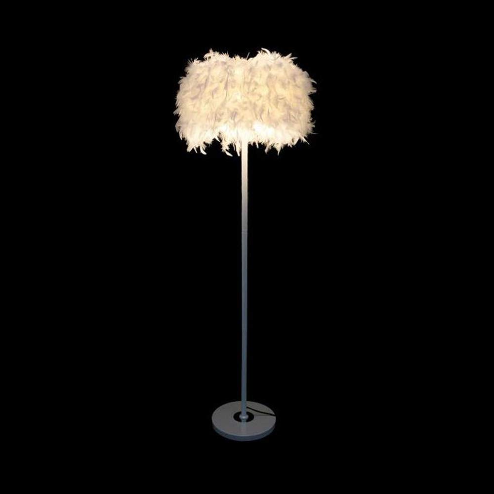 LAKIQ Modern Standing Floor Lamp with Feather Drum Shade - Plug-in Adjustable Floor Lighting for Living Room, Bedroom & Reading - Elegant White Home Decor (Perfect for Cozy Nights, Study Sessions & Interior Design)
