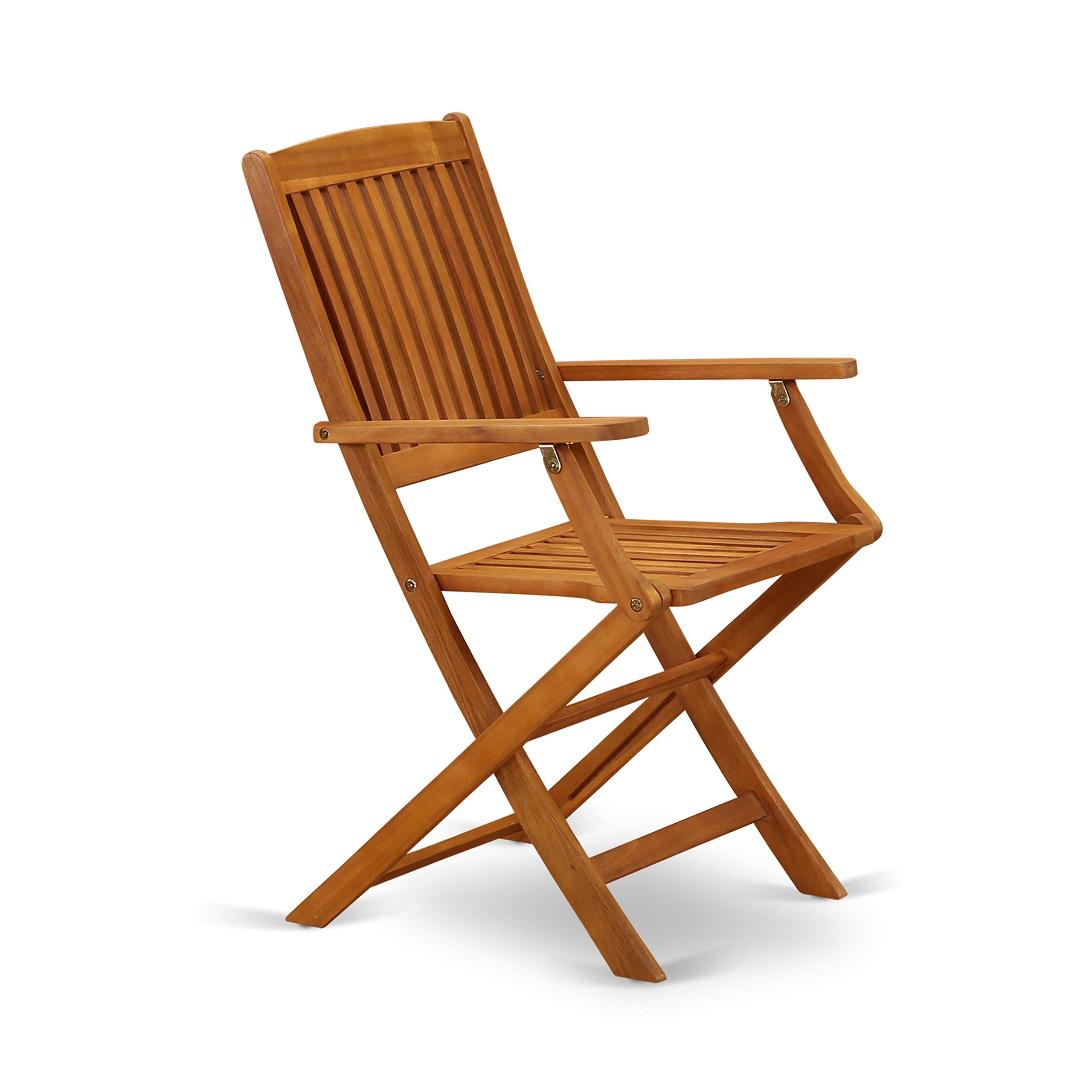 East West Furniture MNCM3CANA Marion 3-Piece Patio Bistro Set - Round Acacia Wood Coffee Table & 2 Folding Arm Chairs, 30x30 Inch, Natural Oil Finish - Perfect for Outdoor Dining, Garden, Balcony or Backyard Relaxation