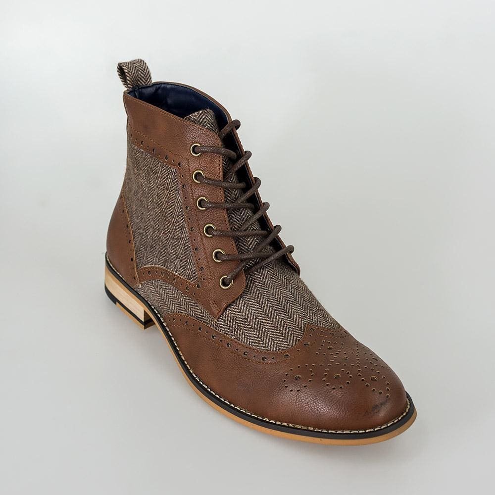 Cavani Sherlock Brown Men's Tweed Brogue Boots - Classic Vintage Style Leather Ankle Boots for Men - Perfect for Fall Winter, Office Wear & Casual Outfits