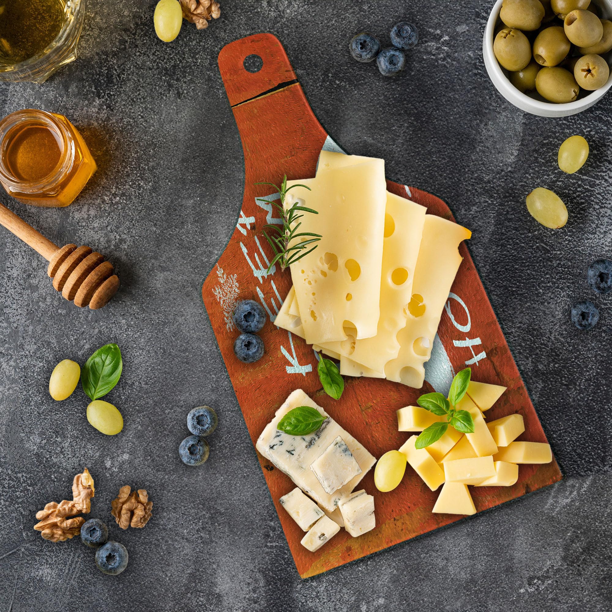 Ambesonne Christmas Themed Tempered Glass Cutting Board - Funny 'Keep Calm and Ho-Ho-Ho' Design with Moustache & Snowflakes - Decorative Serving Board in Wine Bottle Shape (Vermilion/White) - Perfect for Holiday Parties, Gift Giving & Festive Kitchen Decor