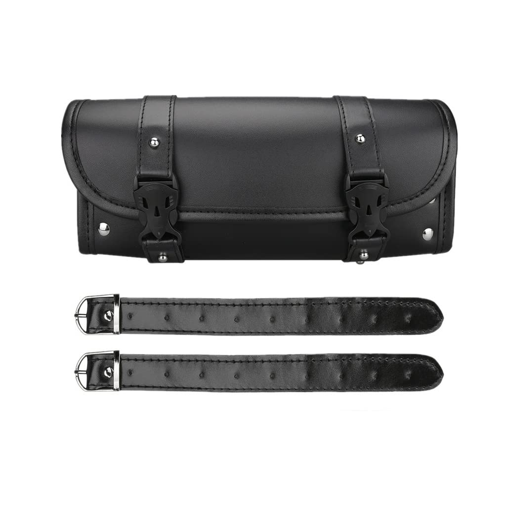 YDHWY Motorcycle Fork Bag - PU Leather Handlebar Tool Pouch & Sissy Bar Roll Storage Bag with 2 Adjustable Straps - Perfect for Harley, Cruiser & Touring Bikes (Road Trips & Daily Commute)