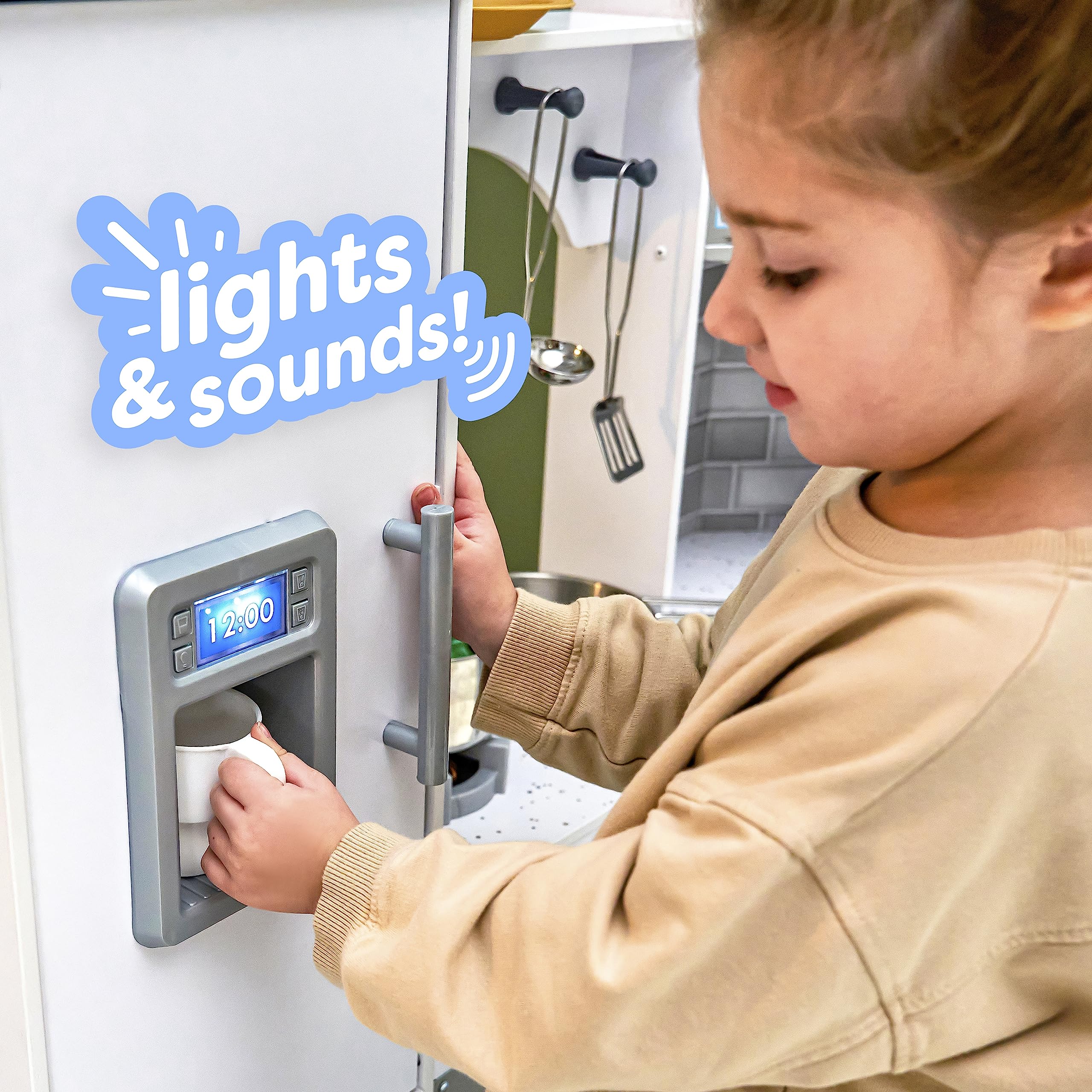 KidKraft Ultimate Corner Wooden Play Kitchen Set with Lights & Sounds - White Pretend Play Toy for Toddlers & Kids - Includes Play Phone & Curtains - Perfect for Imaginative Play, Role Playing & Early Learning Activities