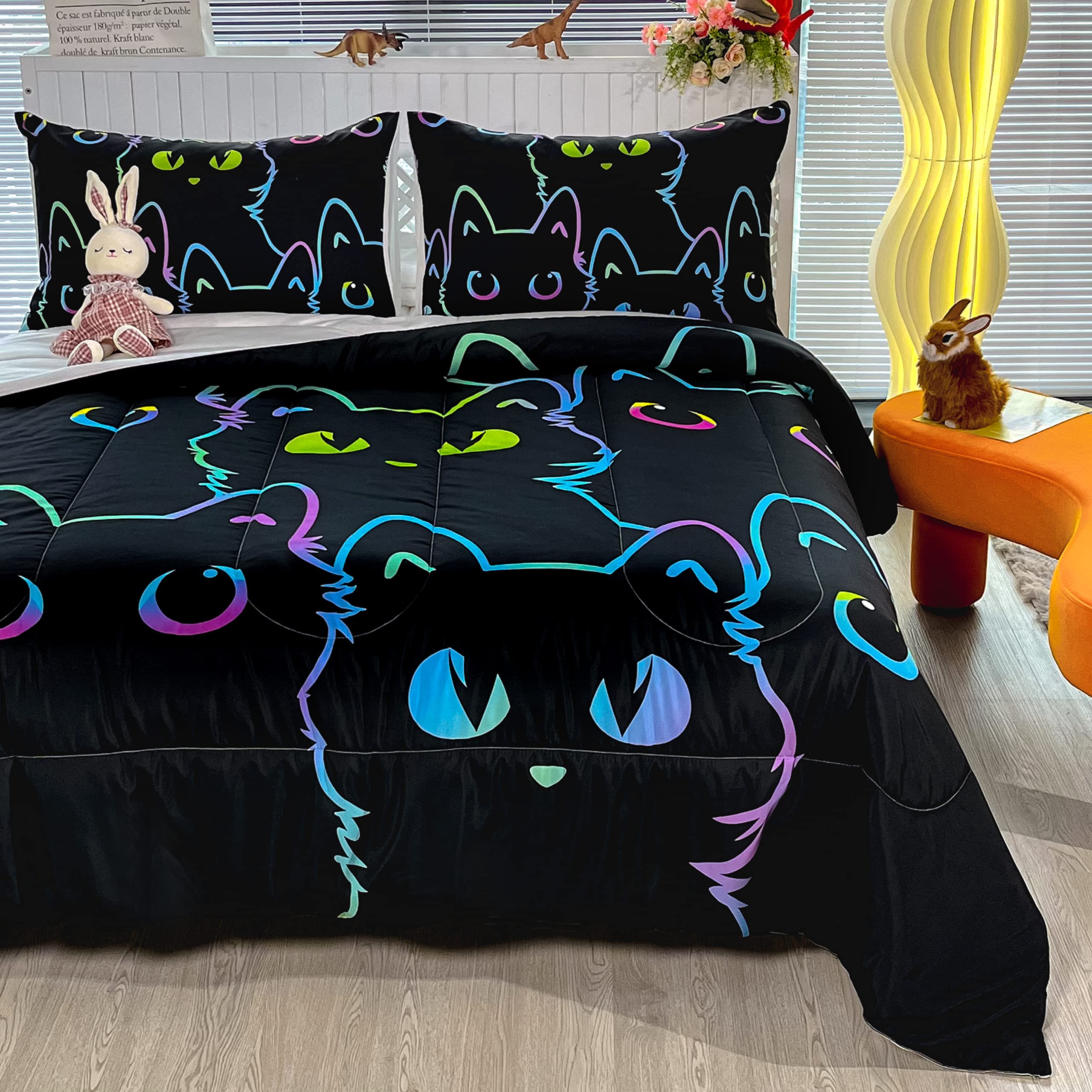 Cute Cartoon Cat 3-Piece Comforter Set Queen Size - Soft Warm Lightweight Fluffy Down Alternative Bedding for Kids (1 Comforter + 2 Pillow Cases) - Perfect for Girls' Rooms, Teen Bedrooms & Cozy Sleepovers
