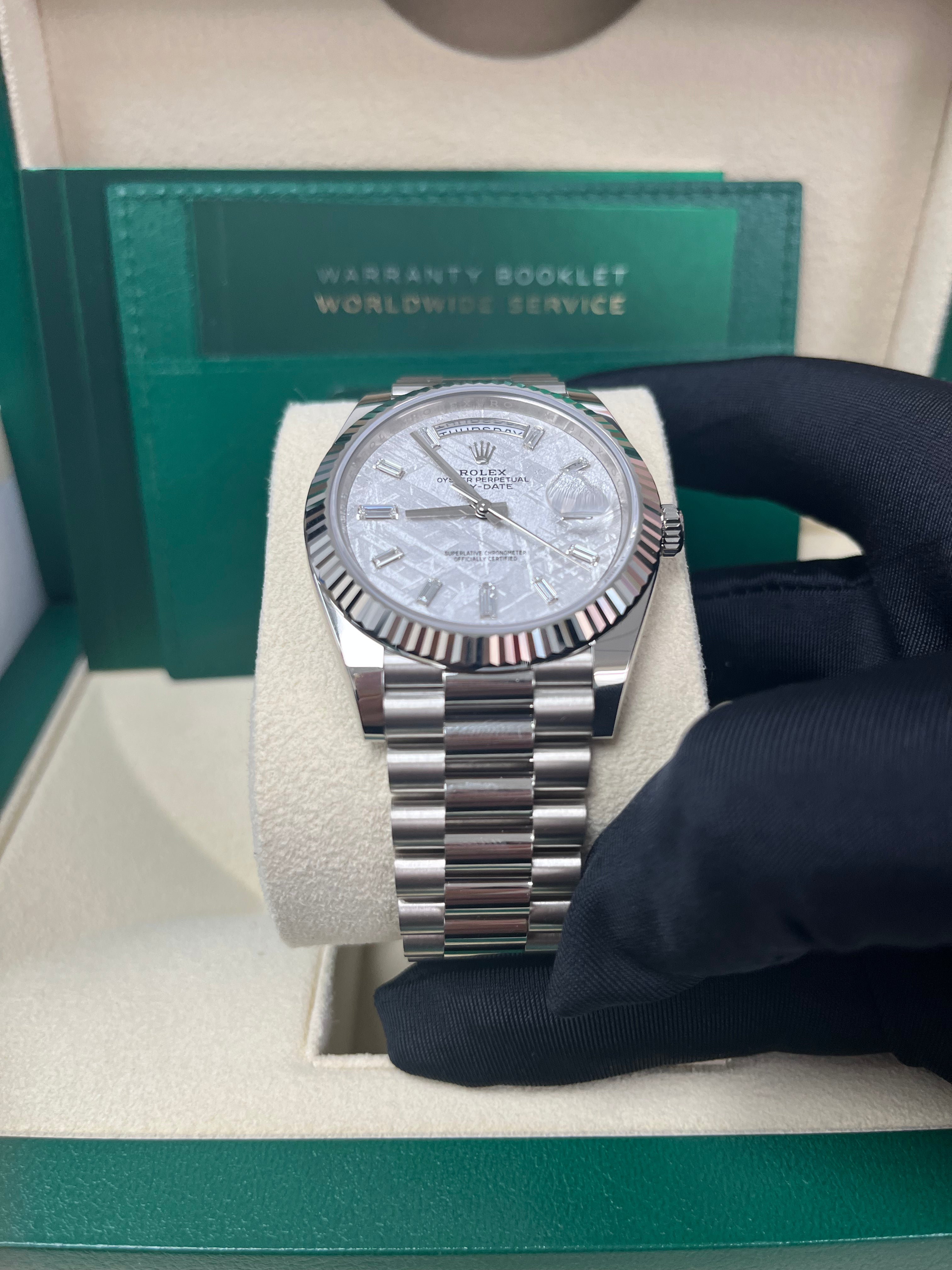 Rolex Day-Date 40mm Men's Watch - Meteorite Baguette Diamond Dial, White Gold Fluted Bezel, Ref. 228239 | Luxury Dress Watch for Business & Formal Occasions