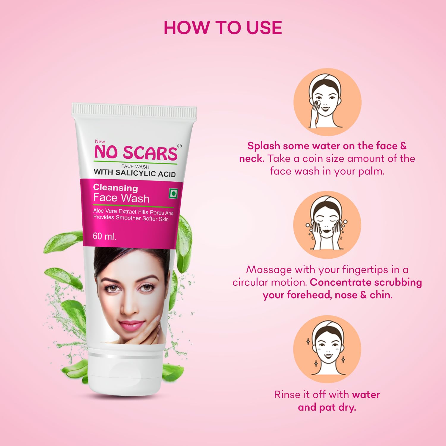 NO SCARS Aloe Vera Face Wash for Deep Cleansing & Acne Treatment - 60ml (Pack of 3) | Gentle Cleanser for Clear Skin, Men & Women | Daily Skincare Routine, Morning & Night Use