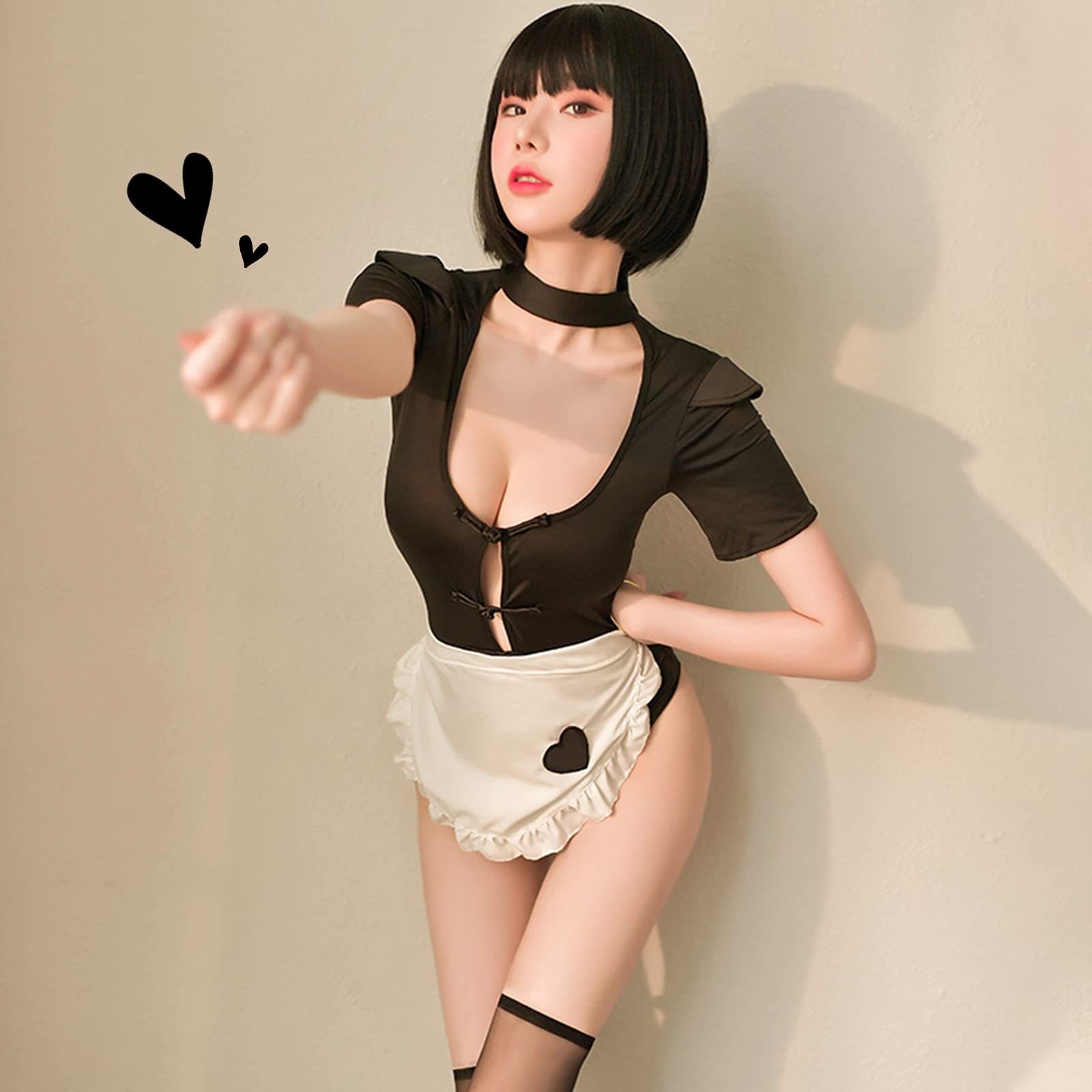 YOMORIO Sexy French Maid Lingerie Puff Sleeves Jumpsuit - Anime Cosplay Costume for Women (White) | Halloween Party, Role Play, Boudoir Photoshoot Outfit