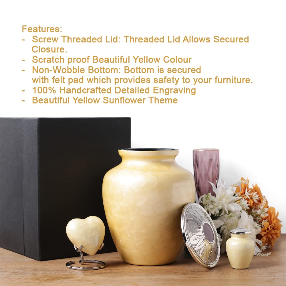 Premium Cremation Urns for Human Ashes - Adult Male & Female Memorial Urns with Sunflower Design | Large Urn, Small Keepsake Urn, Heart Urn, Display Stand & Velvet Carry Bags Set | Perfect for Funeral Services, Memorial Displays & Home Remembrance Ceremonies