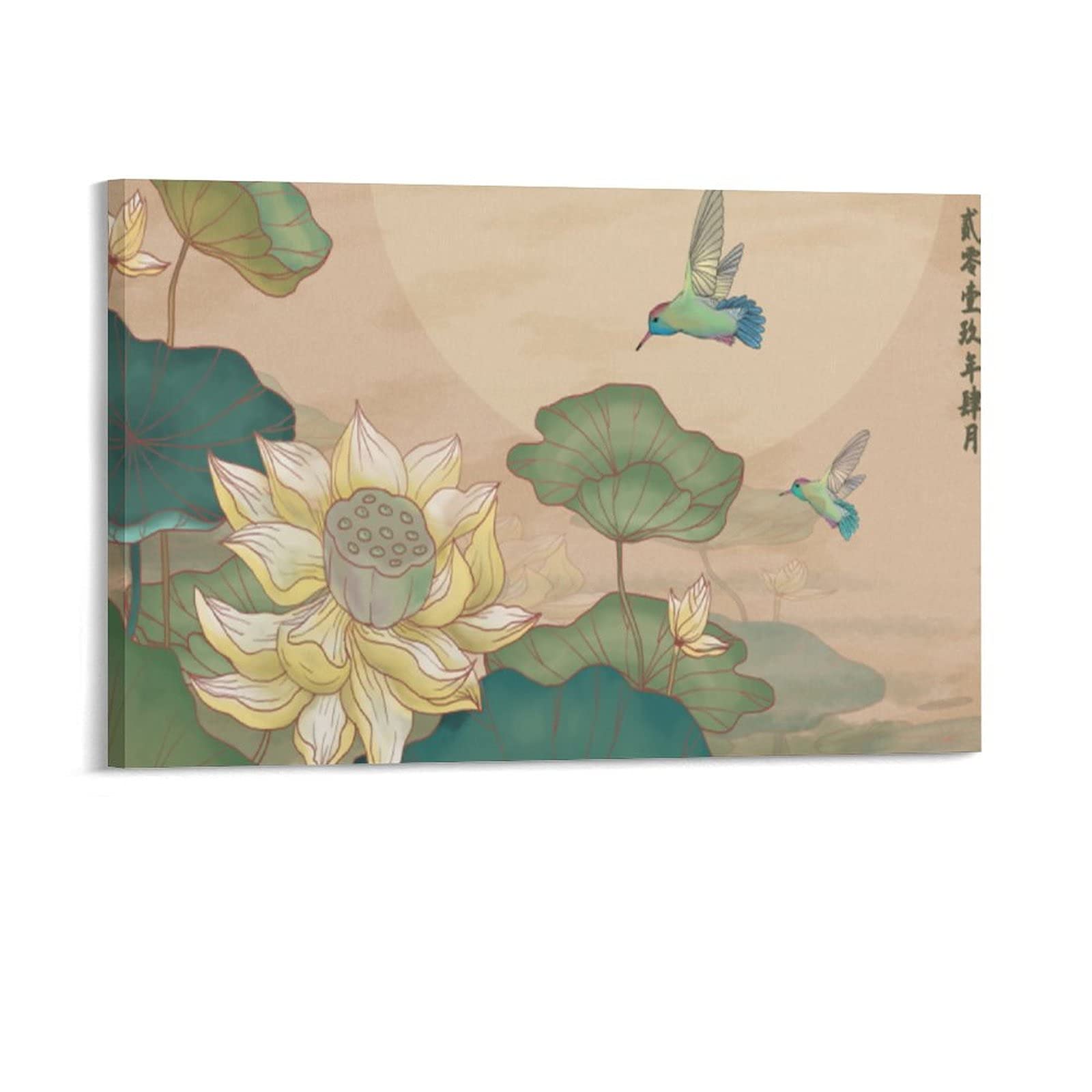 Chinese Style Lotus Ink Art Abstract Oil Painting - 20x30 Inch Canvas Wall Art for Living Room & Bedroom Decor | Elegant Lotus Pond TV Background, Home Office Decoration | Perfect Gift for Housewarming & Interior Design