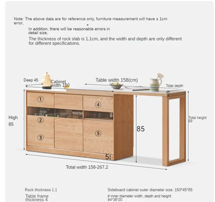 Solid Oak Wood Sideboard with Folding Slate Dining Table - Rustic Farmhouse Buffet Cabinet for Dining Room, Kitchen, or Entryway Storage