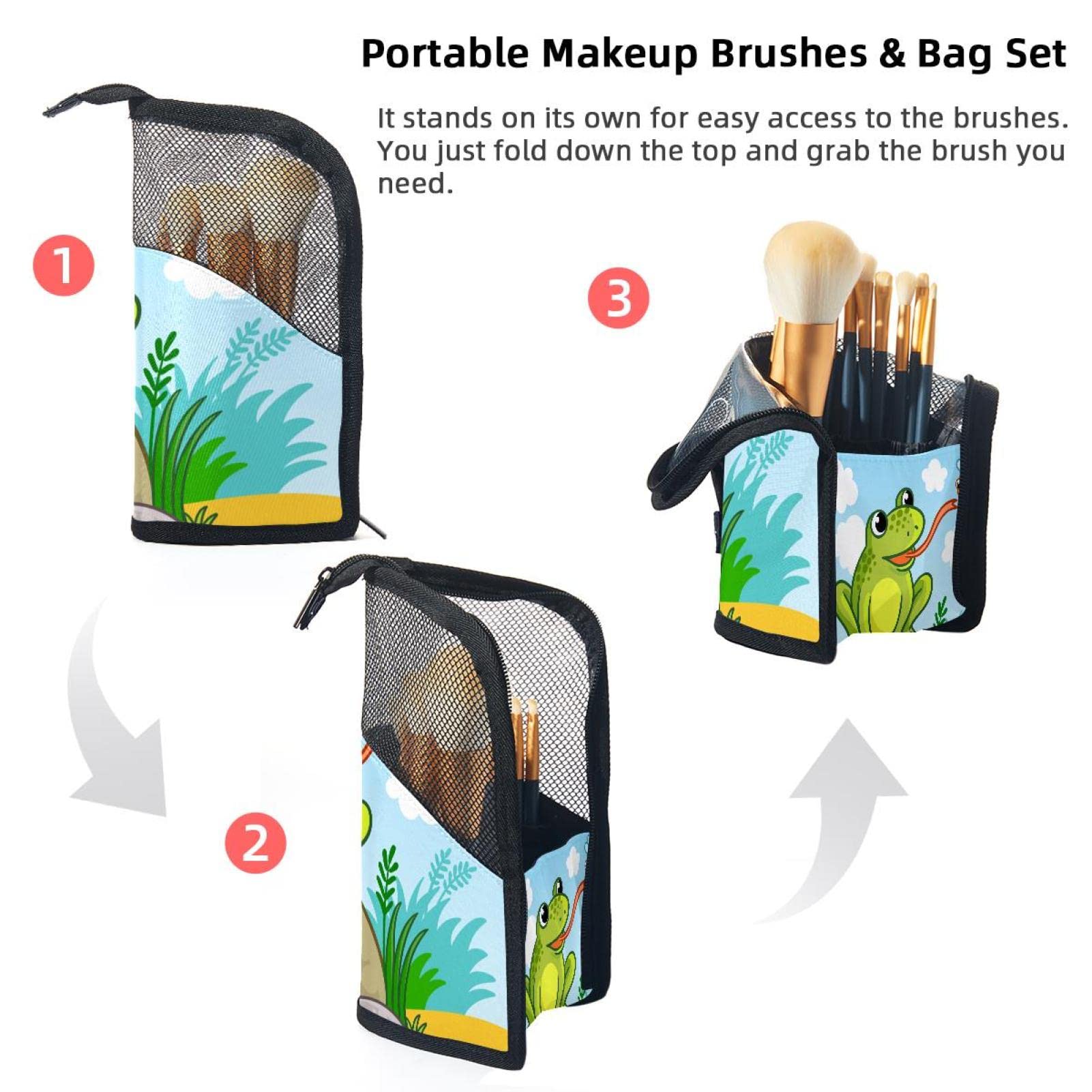 12-Piece Makeup Brush Organizer Bag with Frog & Dragonfly Design - Portable Cosmetic Brush Holder Case for Travel, Home, and Professional Makeup Artists