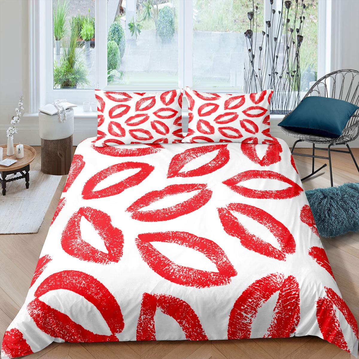 Red Lips Comforter Cover Set Queen Size - 3D Kiss Printed Duvet Cover with Zipper, Sexy Lipstick Trace Pattern Bedding for Couples & Women | Perfect for Romantic Bedroom Decor, Valentine's Gift, or Themed Hotel Room Design
