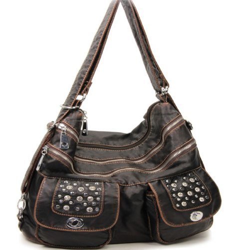 HBM Brown Stone Washed Leather Handbag for Women - Vintage Crossbody Purse with Adjustable Strap - Perfect for Work, Travel & Everyday Use