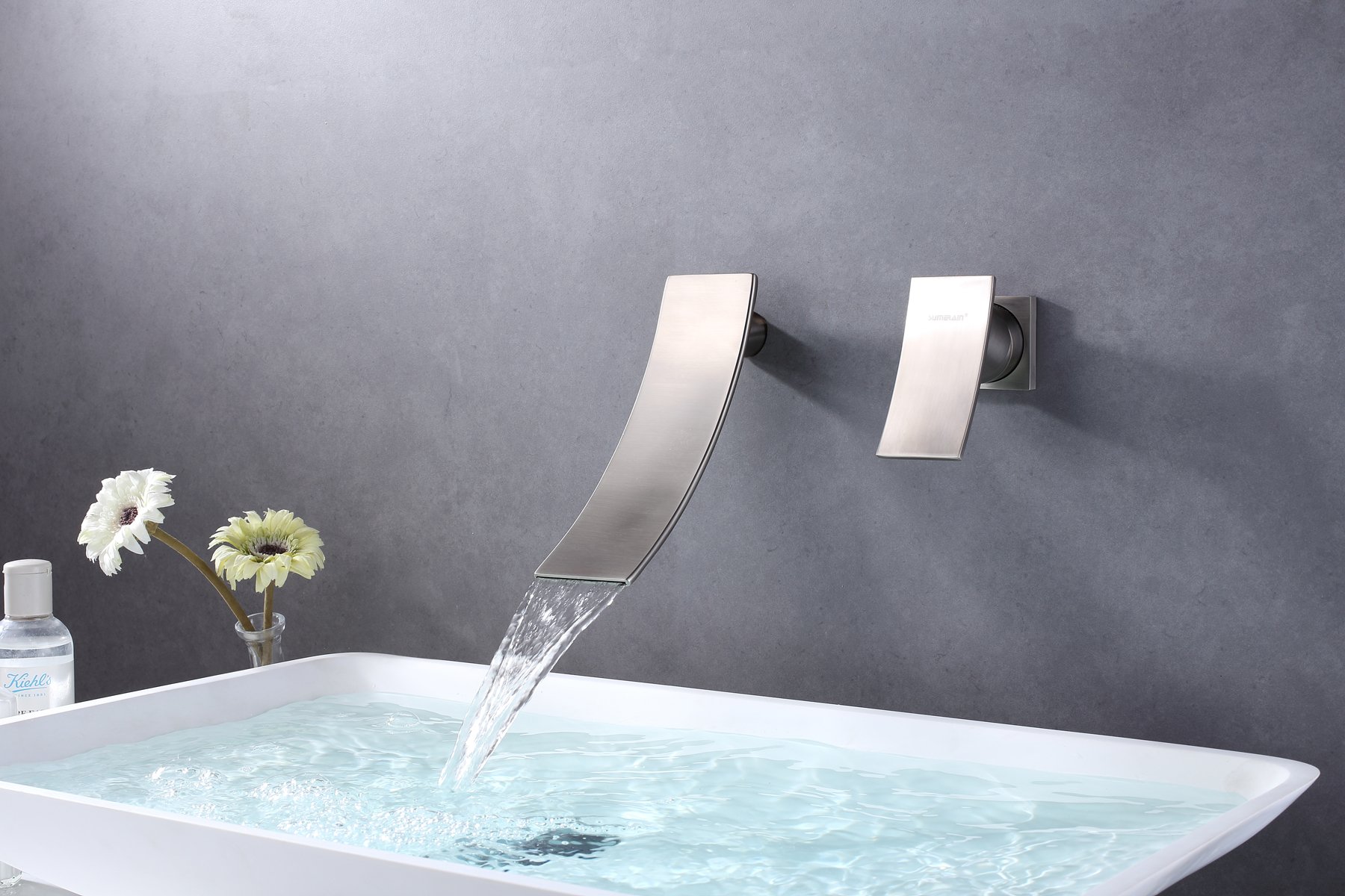 Brushed Nickel Wall Mount Bathroom Faucet - Single Handle Waterfall Spout Sink Faucet for Modern Vanity | Perfect for Small Bathrooms & Powder Rooms