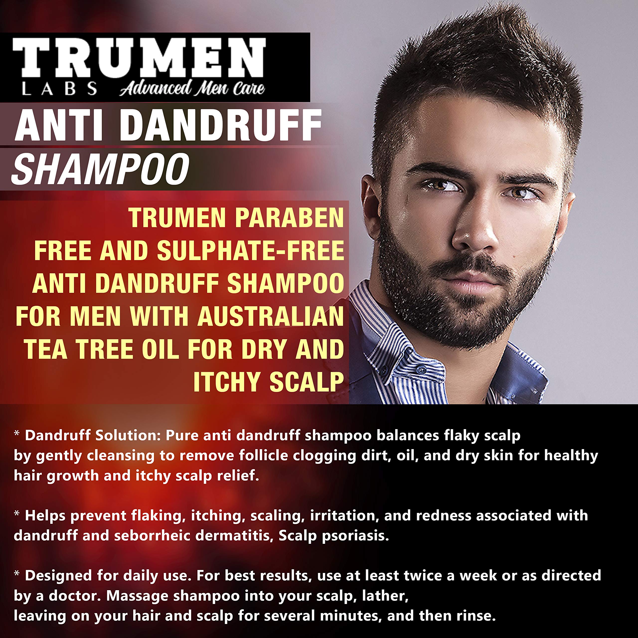 Trumen Anti Dandruff Shampoo for Men with Australian Tea Tree Oil, Rosemary & Grape Seed Extract - Soothes Dry, Itchy Scalp & Promotes Hair Growth - 100% Natural, Sulfate & Paraben Free - Ideal for Daily Hair Care & Scalp Treatment