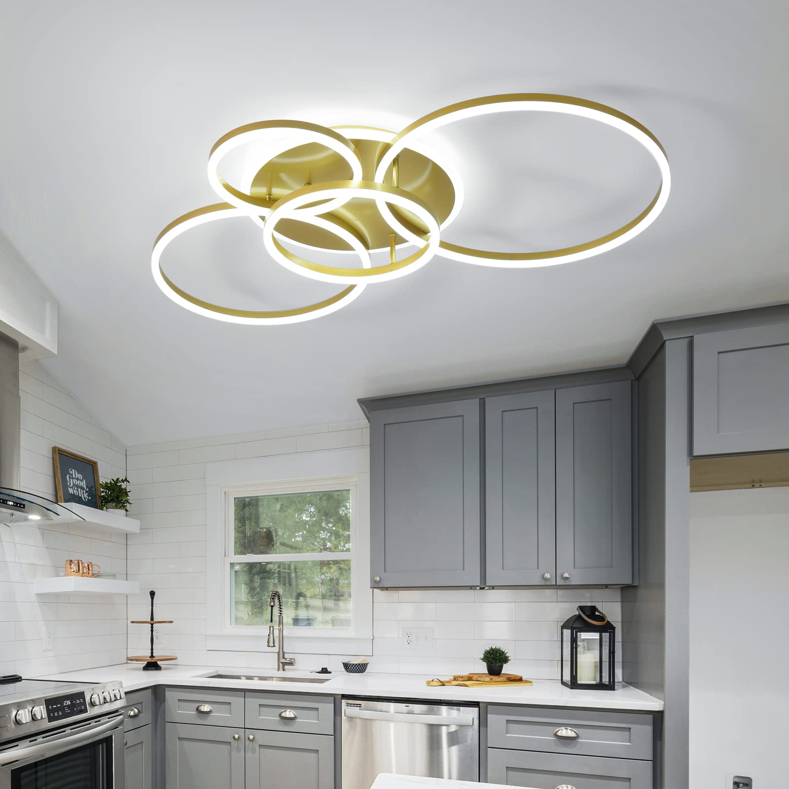 90W Modern LED Ceiling Light Fixture - Dimmable Flush Mount Chandelier with Remote Control, 5-Ring Gold Acrylic Design for Living Room, Bedroom & Kitchen | Energy-Efficient Lighting Solution for Home Decor & Ambient Illumination