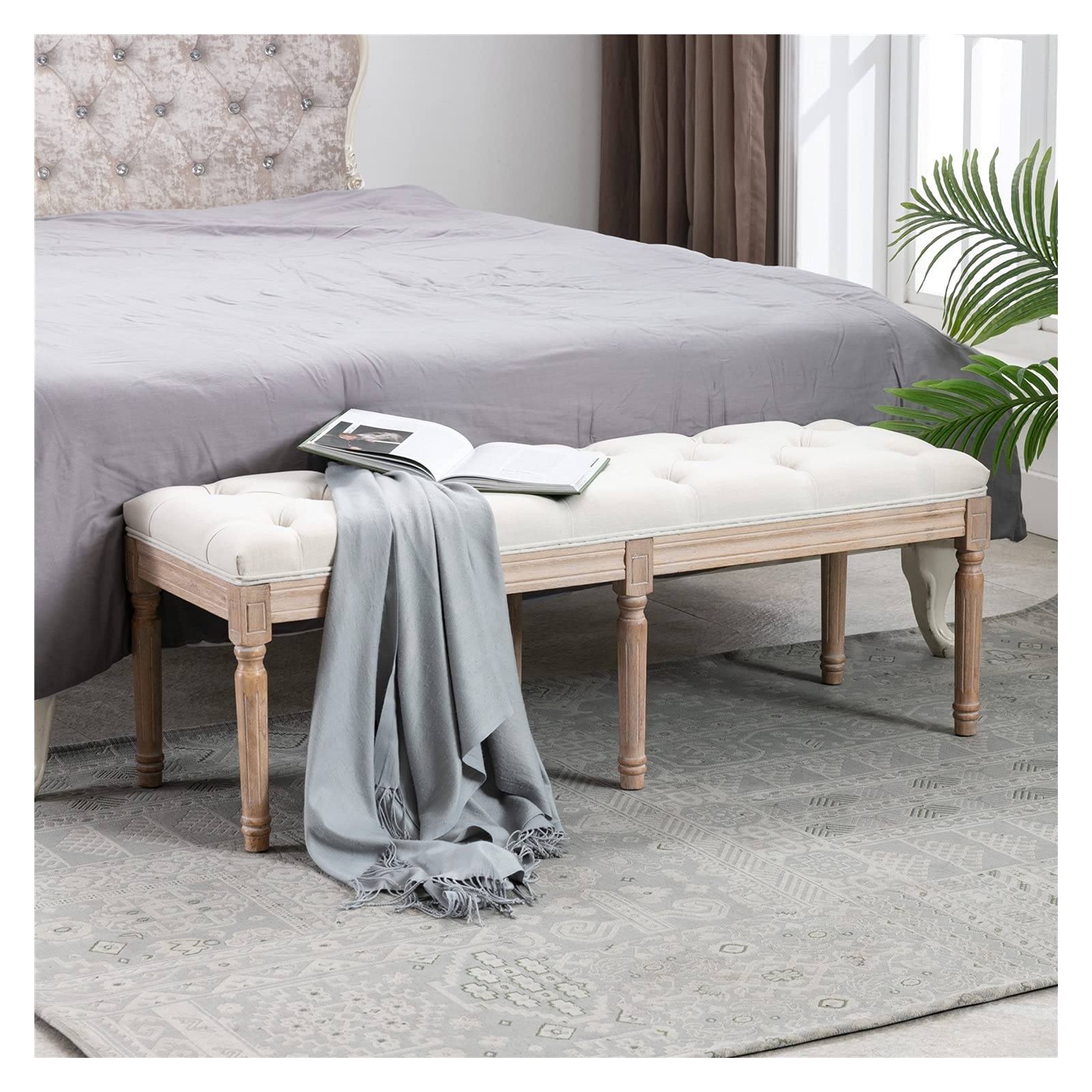 WHNB Upholstered Fabric Bench with Rubberwood Legs - Modern Rectangular Footrest for Bedroom, Entryway & Hallway - French Style End of Bed Bench (Beige) | Perfect for Small Spaces, Guest Rooms & Cozy Home Decor