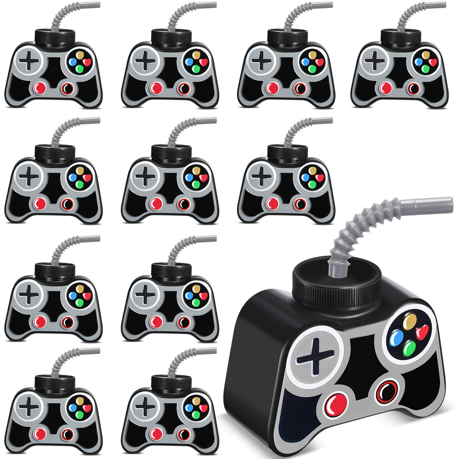 12 Pack 10oz Plastic Video Game Themed Cups with Straw & Lid - Gray Gaming Party Drinkware for Boys Birthday, Game Night & Esports Events