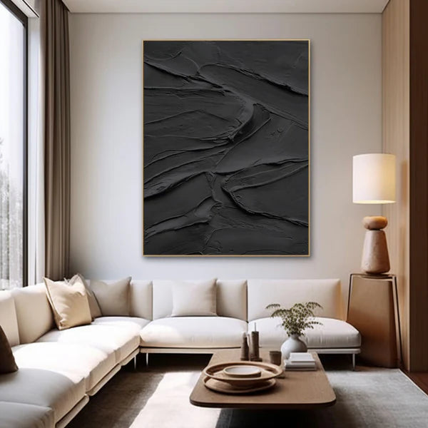 Black Plaster Art Minimalist Textured Painting - Modern Abstract Wall Decor for Living Room, Bedroom & Office | MZ117