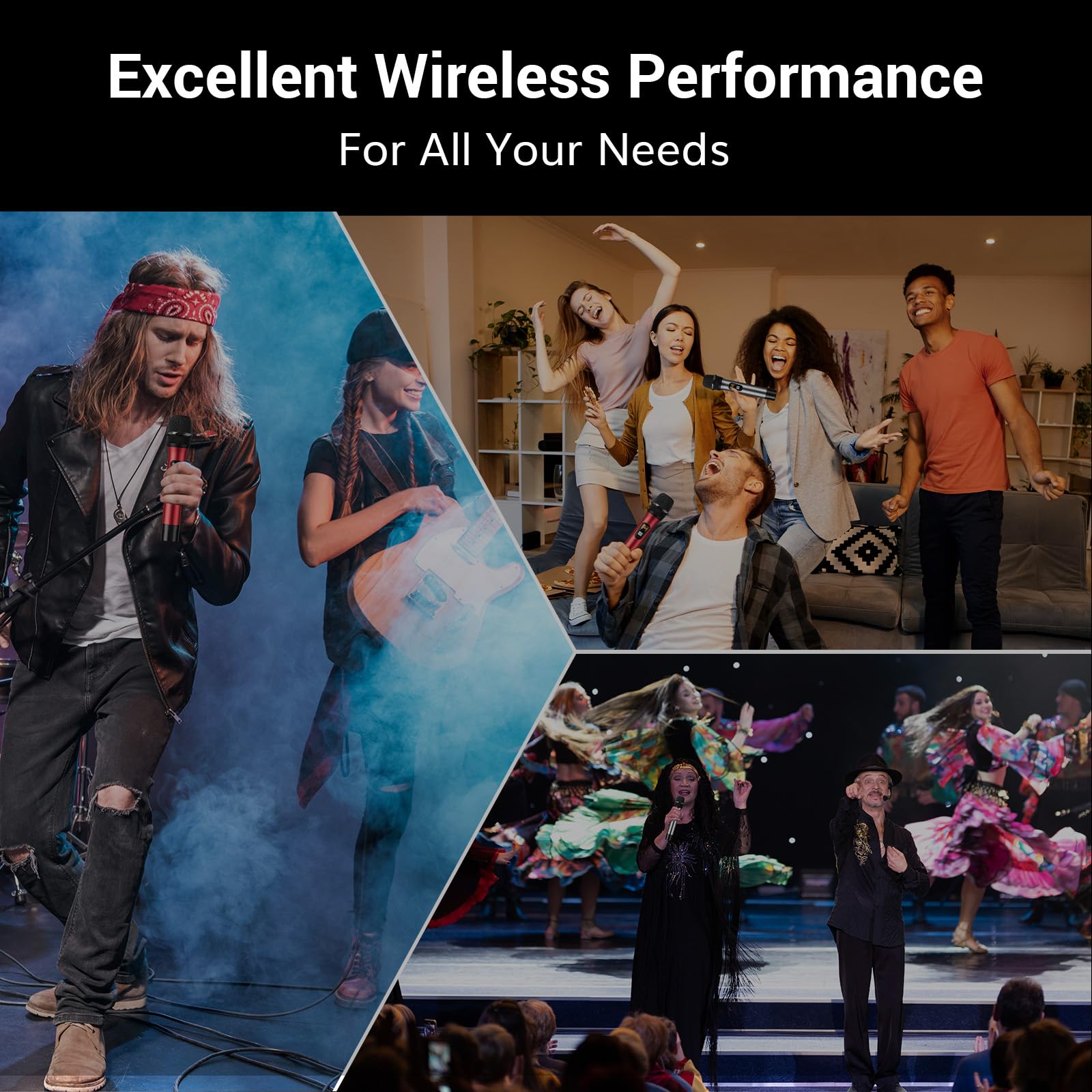 TONOR 4x10 Channel Wireless Microphone System with Dynamic Handheld Mics, 4 Antennas, 295FT Range, Adjustable Frequencies & Auto Connect - Ideal for Karaoke, Church Events, Live Performances & Home Parties (Silver & Red)