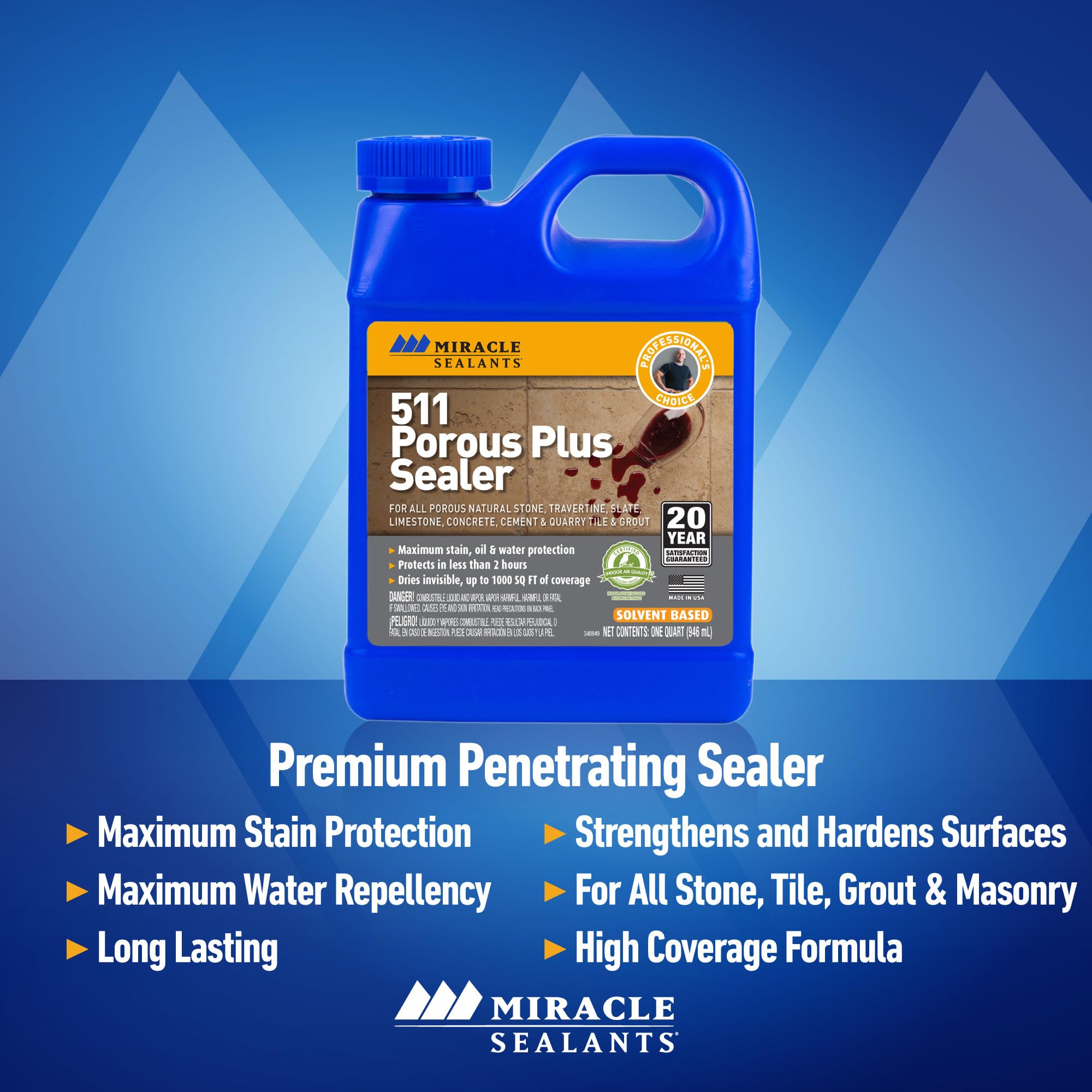 Miracle Sealants PLUSQT6 511 Porous Plus Penetrating Sealer - 6 Pack Quart Clear - High-Performance Stone & Tile Sealer for Natural Stone, Concrete, Pavers & Grout - Perfect for Indoor & Outdoor Use in Kitchens, Bathrooms, Patios & Driveways