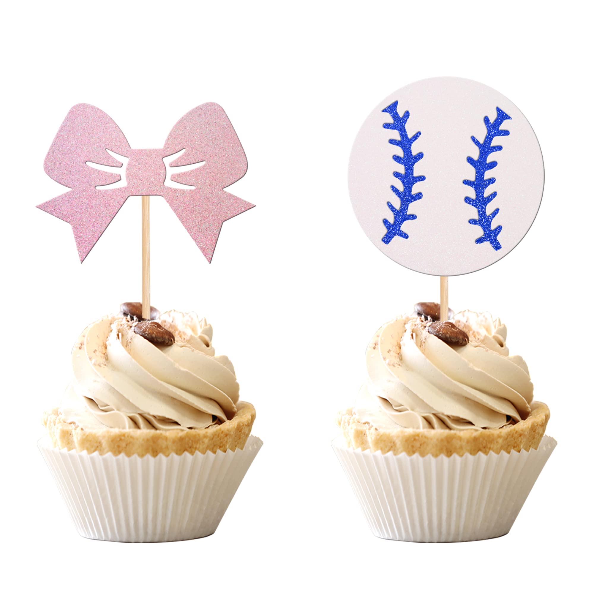 24 PCS Glitter Baseball & Bow Cupcake Toppers - Gender Reveal Party Supplies for Baby Shower, Birthday Cake Decorations (Boy or Girl Theme) - Perfect for Gender Reveal Parties, Baby Showers & Birthday Celebrations