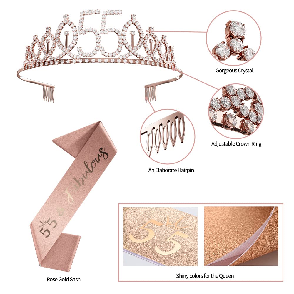 55th Birthday Party Decorations for Women - Elegant Rose Gold Cake Topper, Balloons, Queen Sash with Pearl Pin, Tiara Crown & Candle Set - Perfect for Milestone Celebrations, Retirement Parties & Special Occasions
