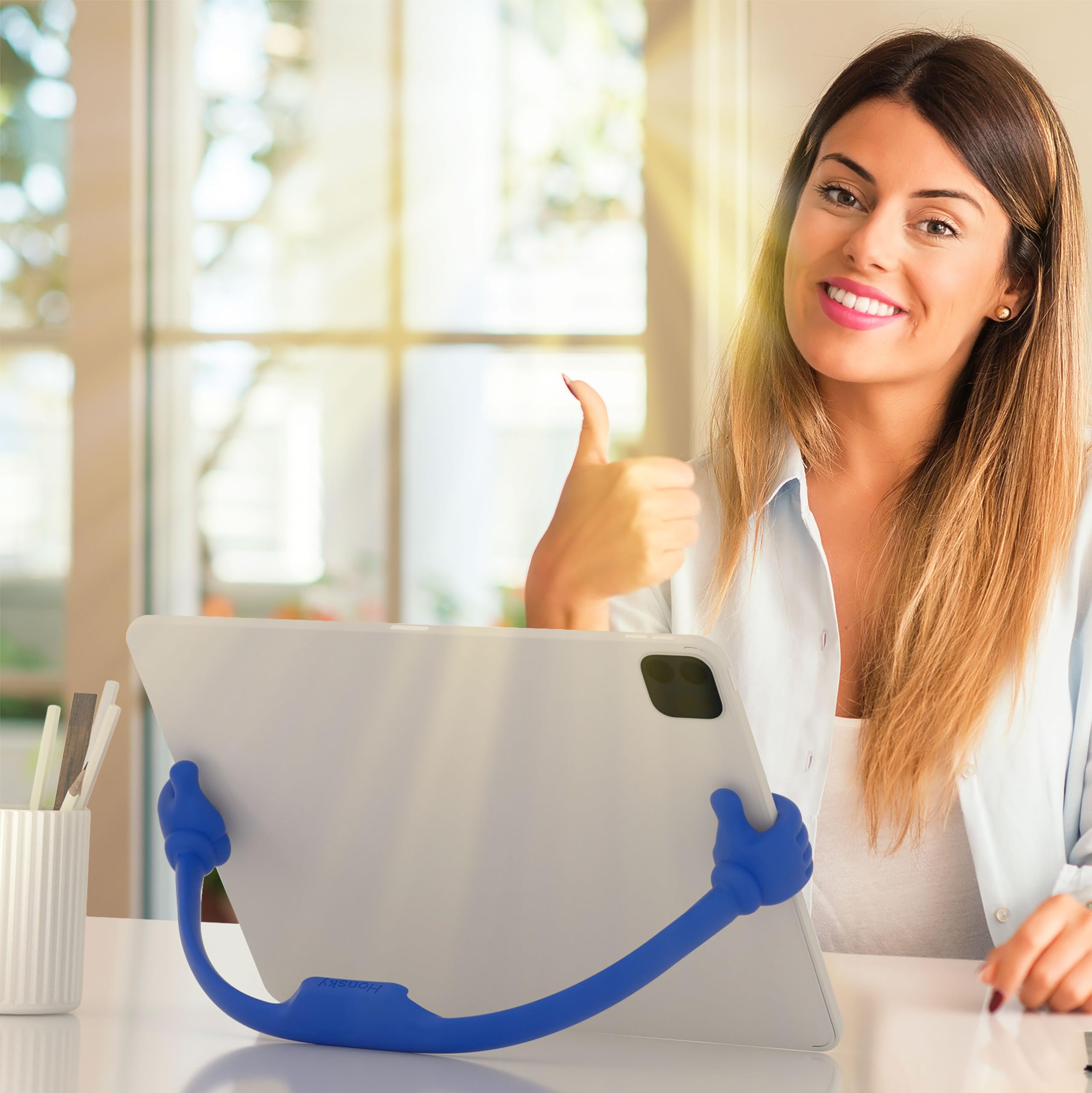 Honsky Thumbs Up Tablet Stand - Portable & Adjustable Desktop Monitor Holder for iPad, Samsung Tablets - Universal Cute Blue Stand for Office, Home, Bedroom, Kitchen & Travel Use